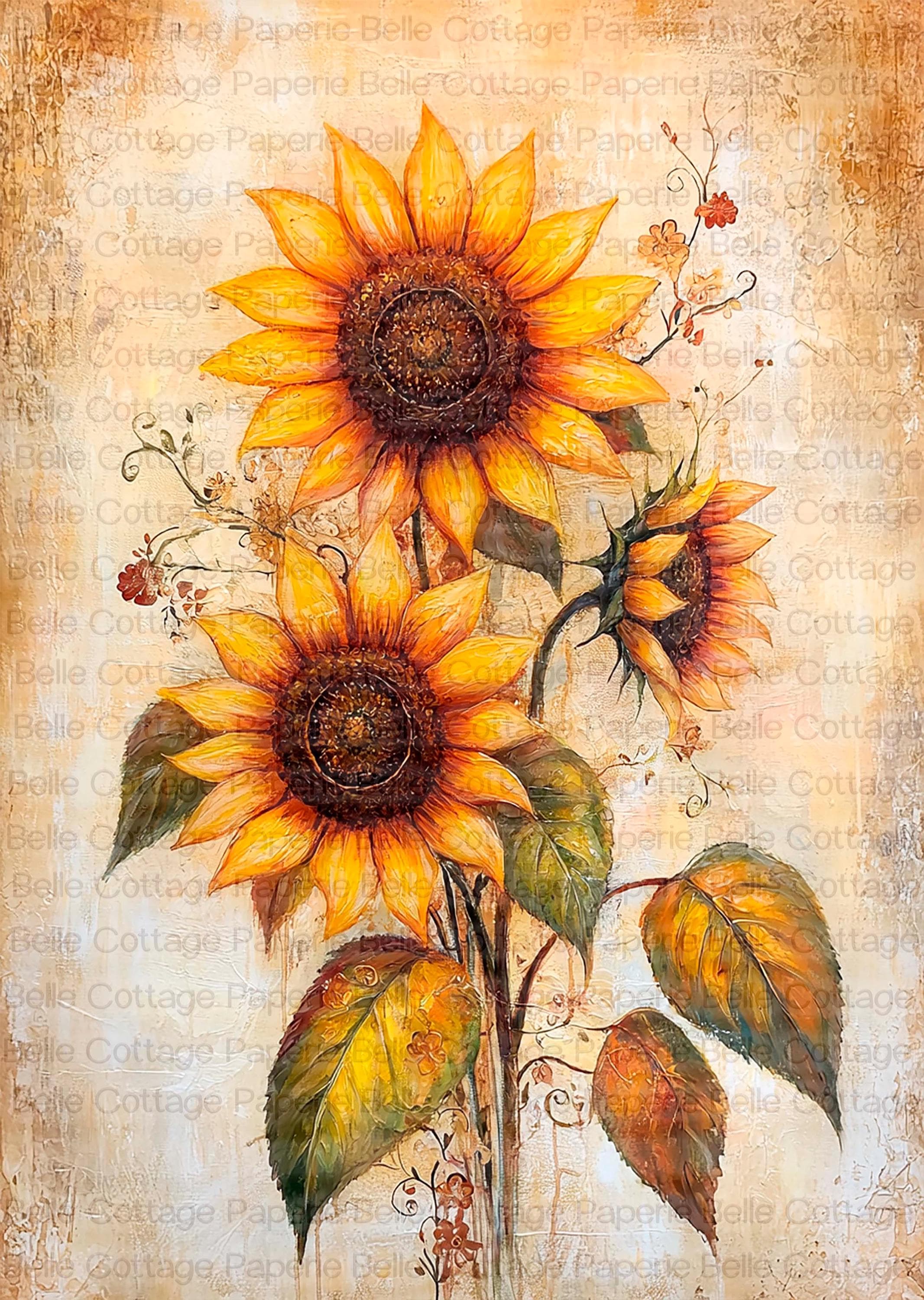 Vintage Sunflower Rice Paper for Decoupage | Rustic Farmhouse Rice Paper | Cottagecore Floral Craft Sheet