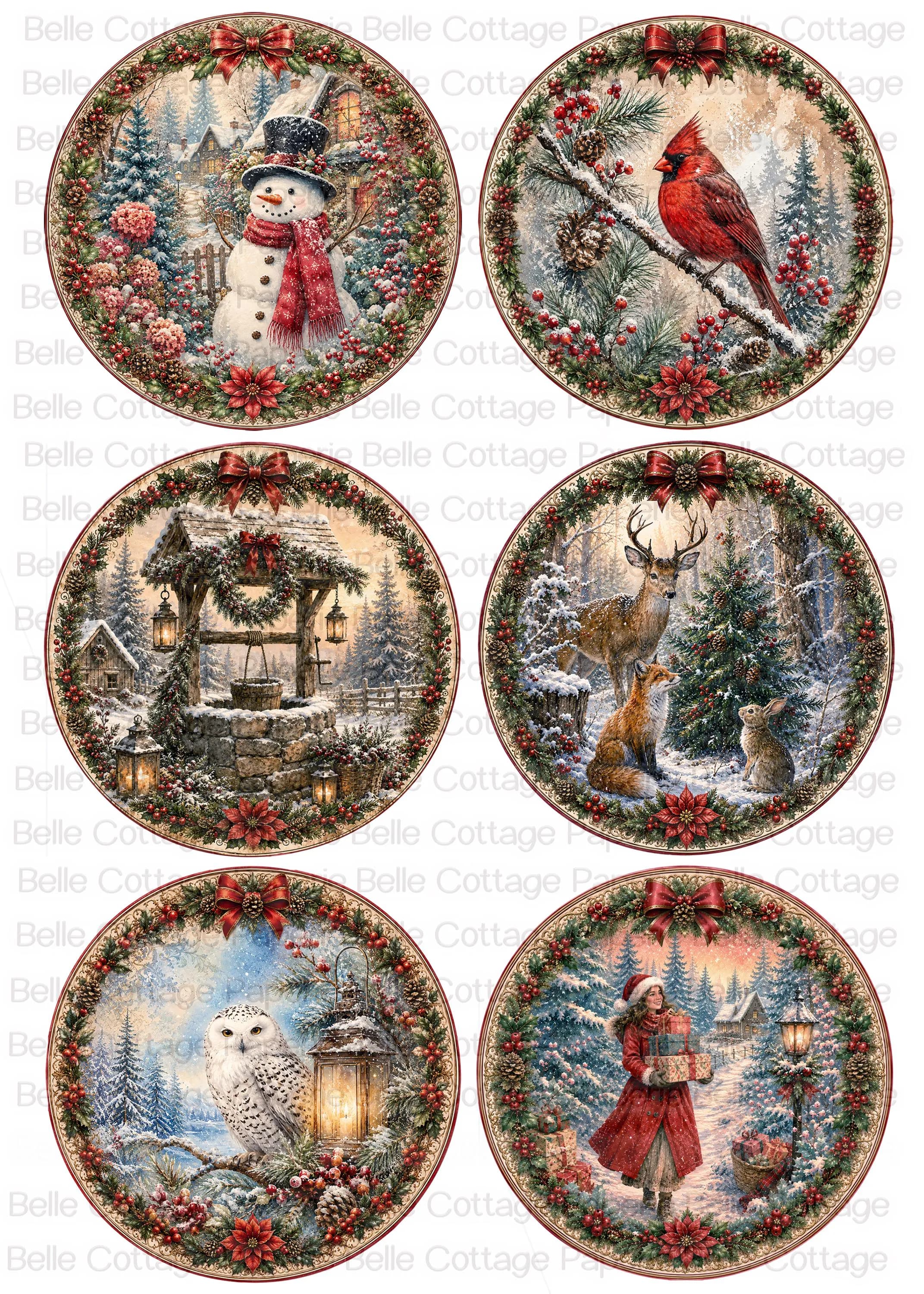 Christmas Rice Paper for Decoupage, 6 Round Vintage Winter Designs, Snowman Cardinal Deer Owl Woodland Christmas Craft Paper