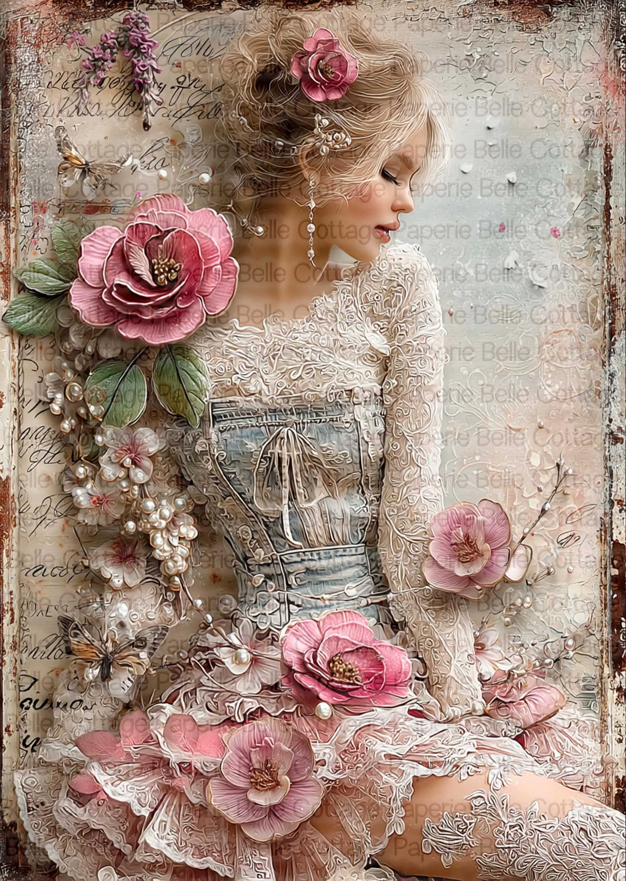Soft Romantic Vintage Lady with Pink Flowers Rice Paper for Decoupage, Floral Victorian Woman, Shabby Chic Cottage Decor, Mulberry A4