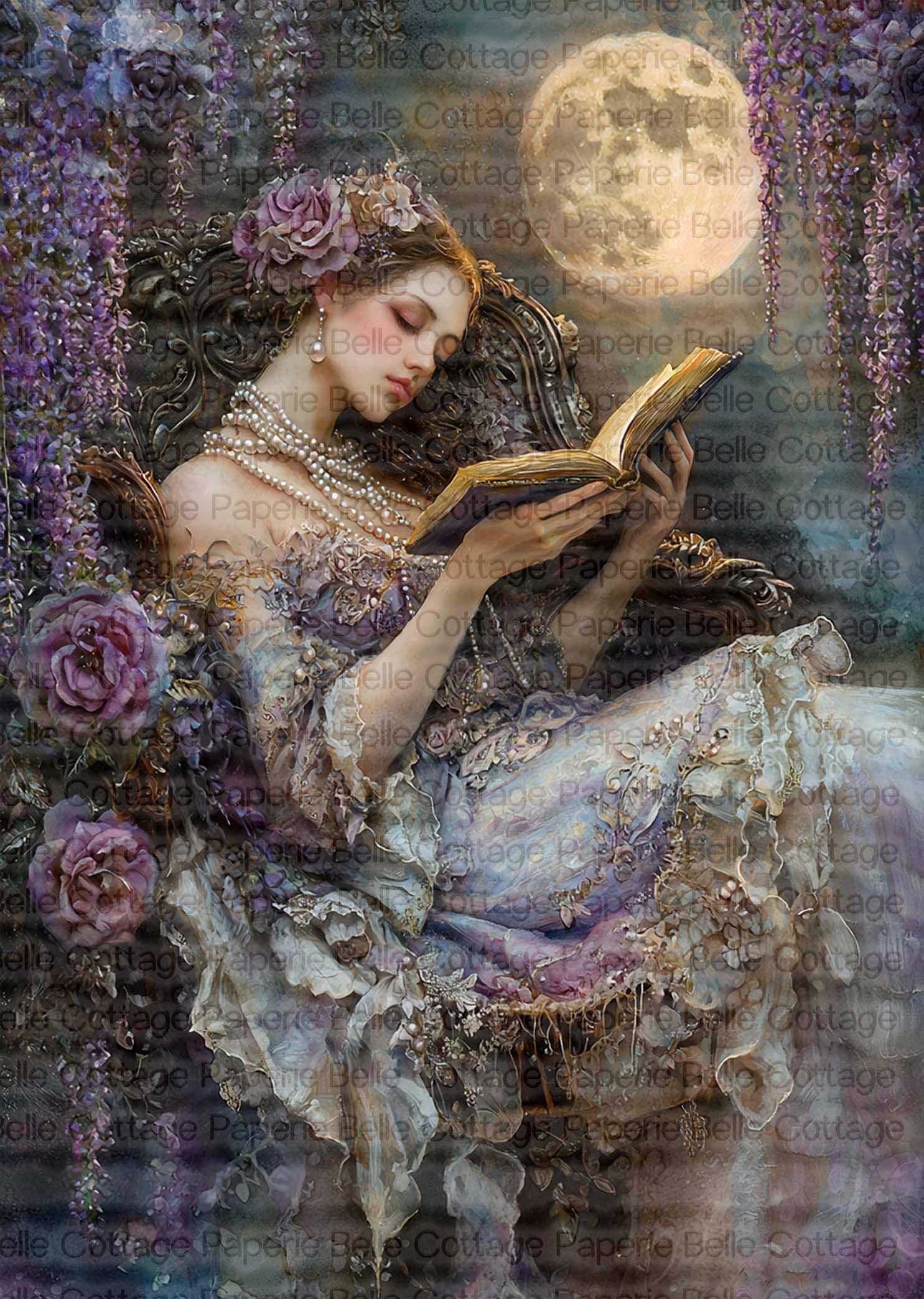 Moonlit Victorian Reader Rice Paper for Decoupage, Romantic Lavender Book Lover Art, Dreamy Gothic Cottage Decor, Rice Paper A4