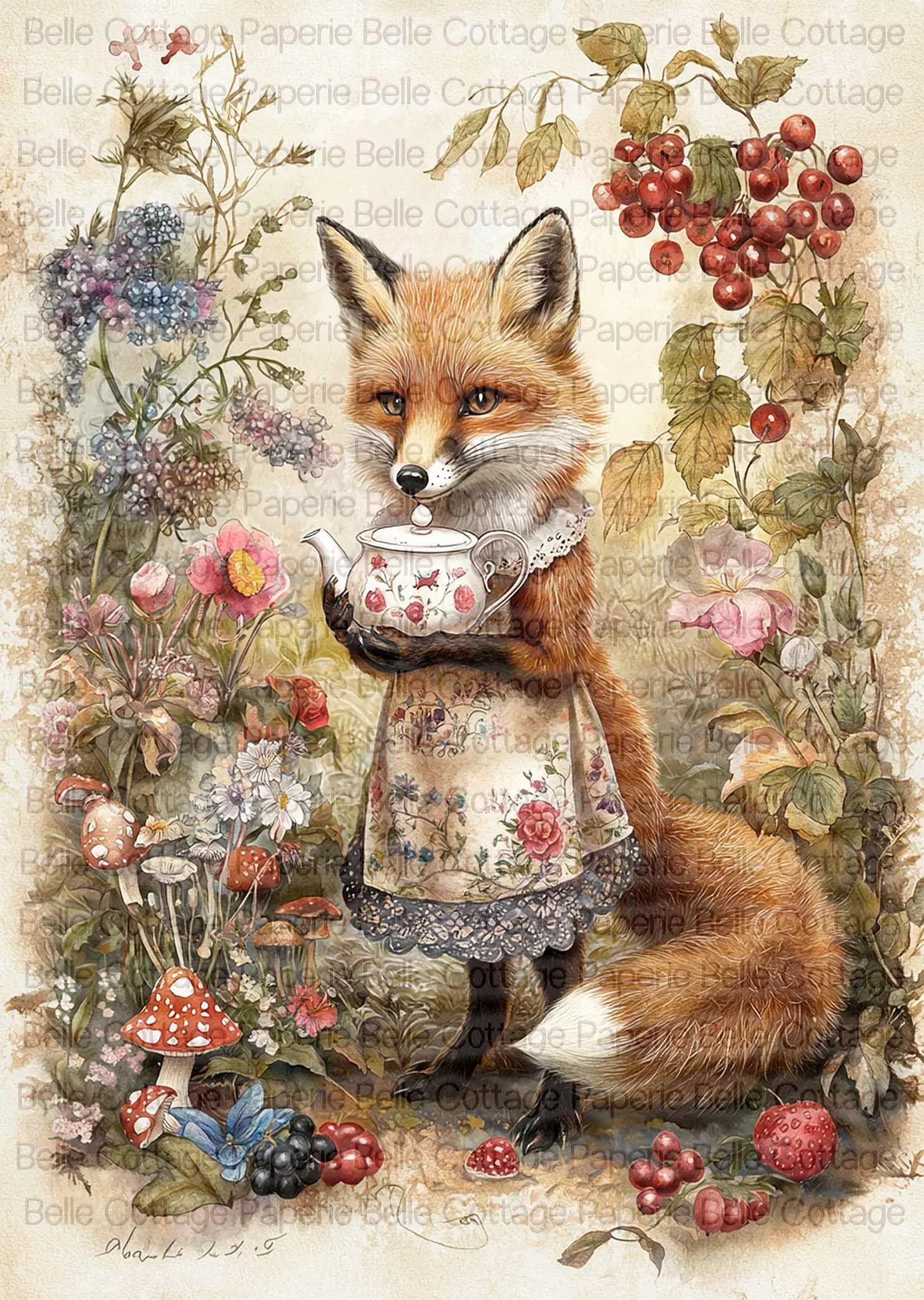Fox Rice Paper for Decoupage, Cottagecore Fox Art, Woodland Animal Rice Paper, Floral Fox Design, Mushroom Forest Decor, Junk Journal Paper