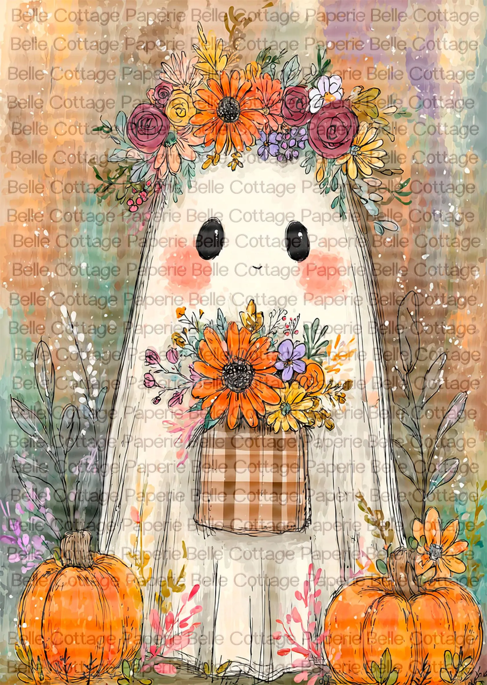 Floral Ghost Rice Paper | Cute Halloween Mulberry Paper | Boho Fall Ghost Art | Whimsical Autumn Decor | Cottagecore Decoupage Sheet