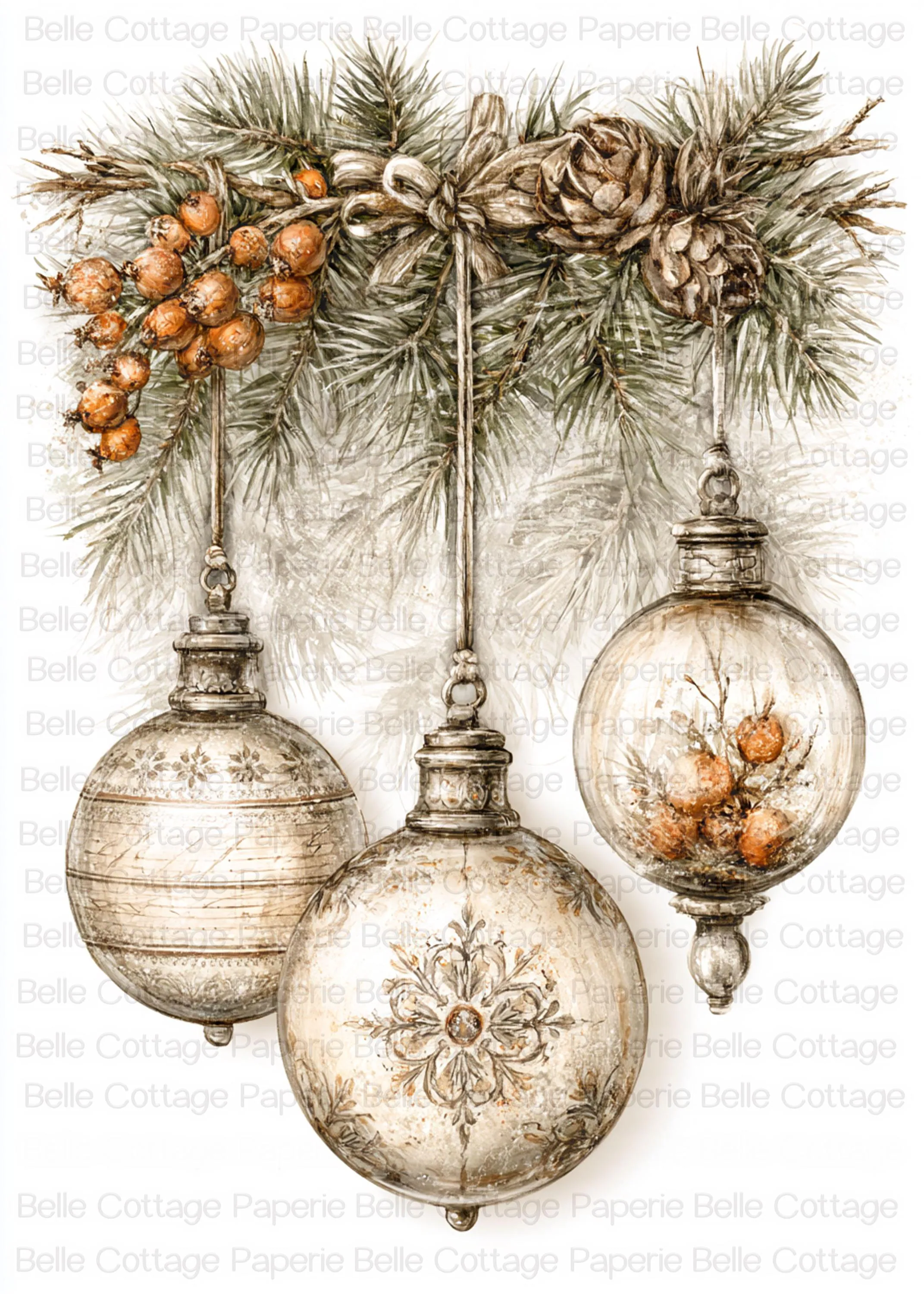 Vintage Christmas Ornaments A4 Rice Paper, Antique Christmas Decoupage Paper, Rustic Ornament Garland, Vintage Holiday Decor Rice Paper