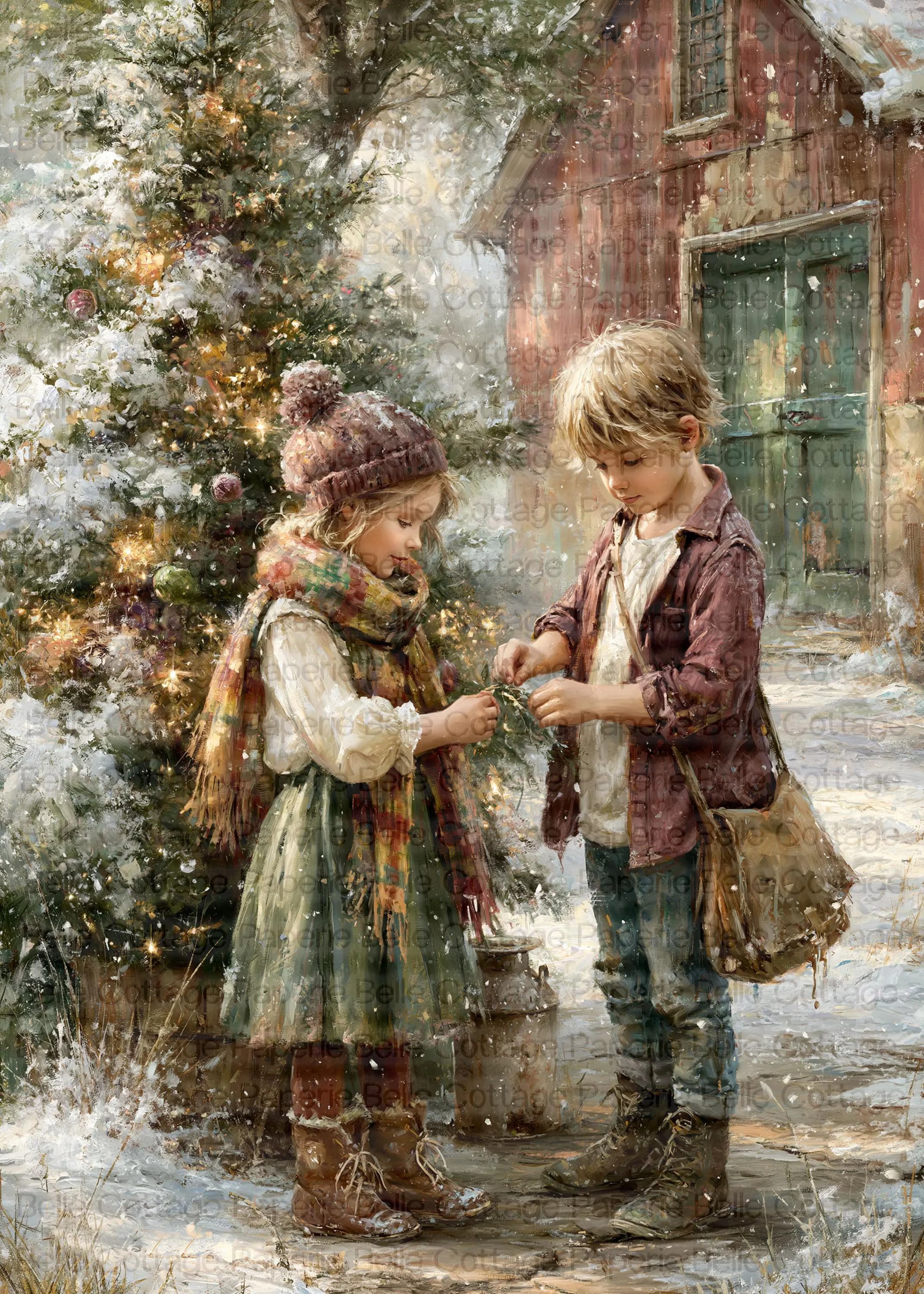 Vintage Christmas Children Mulberry Rice Paper for Decoupage | Cozy Winter Cottage Kids | Holiday Family Craft Paper | Christmas Tree Decor
