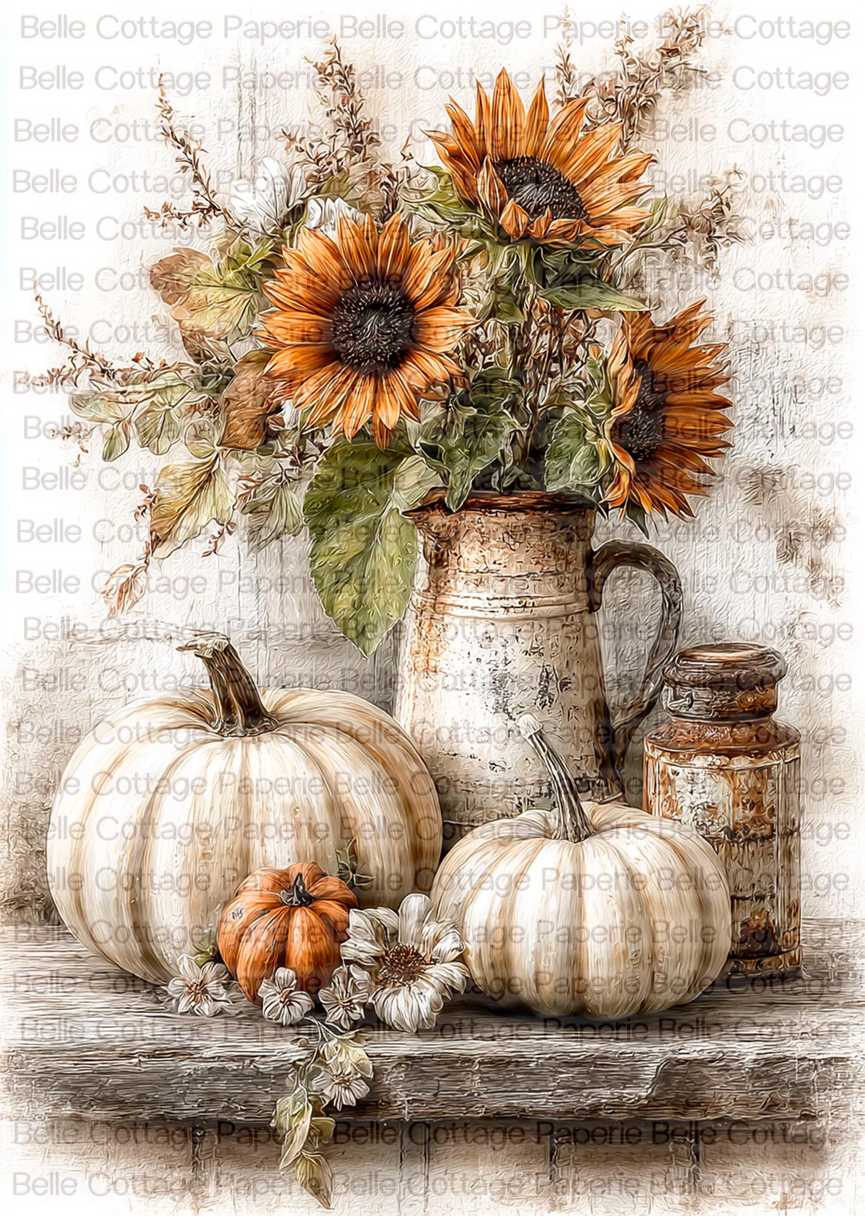 Sunflower Pumpkin Rice Paper for Decoupage, White Pumpkin Fall Decor, Cottagecore Harvest Art, Farmhouse Autumn Craft Paper