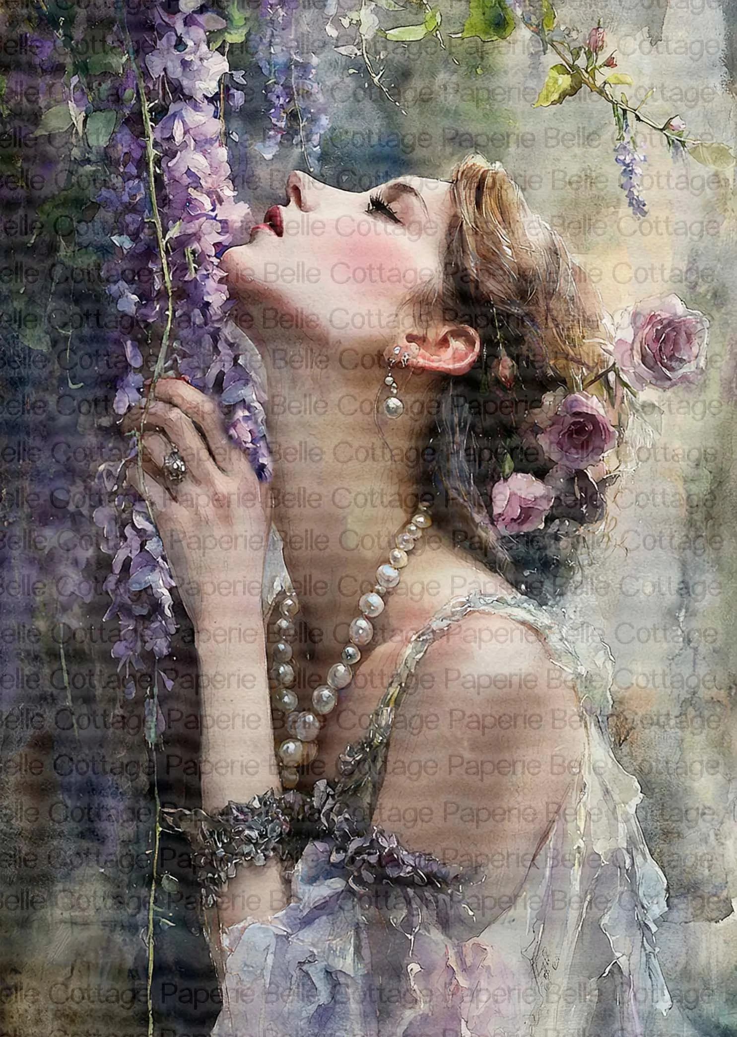 Victorian Woman with Lavender Blossoms Rice Paper for Decoupage, Romantic Floral Portrait, Vintage Purple Cottage Art, Rice Paper A4