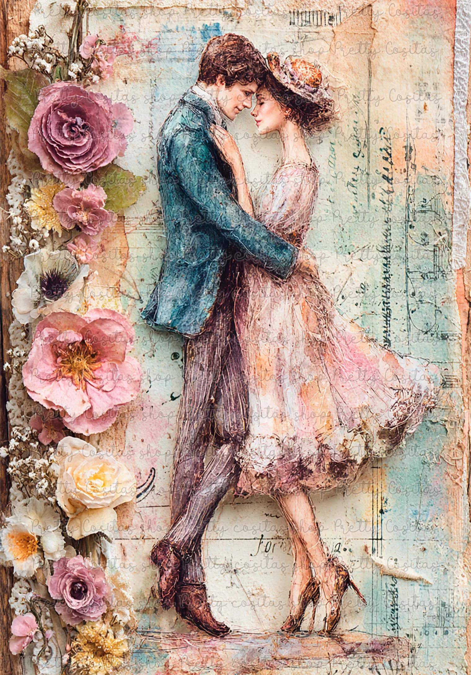 Vintage Romantic Couple Rice Paper for Decoupage, Shabby Chic Victorian Mulberry Paper A4, French Country Art Paper for Mixed Media DIY
