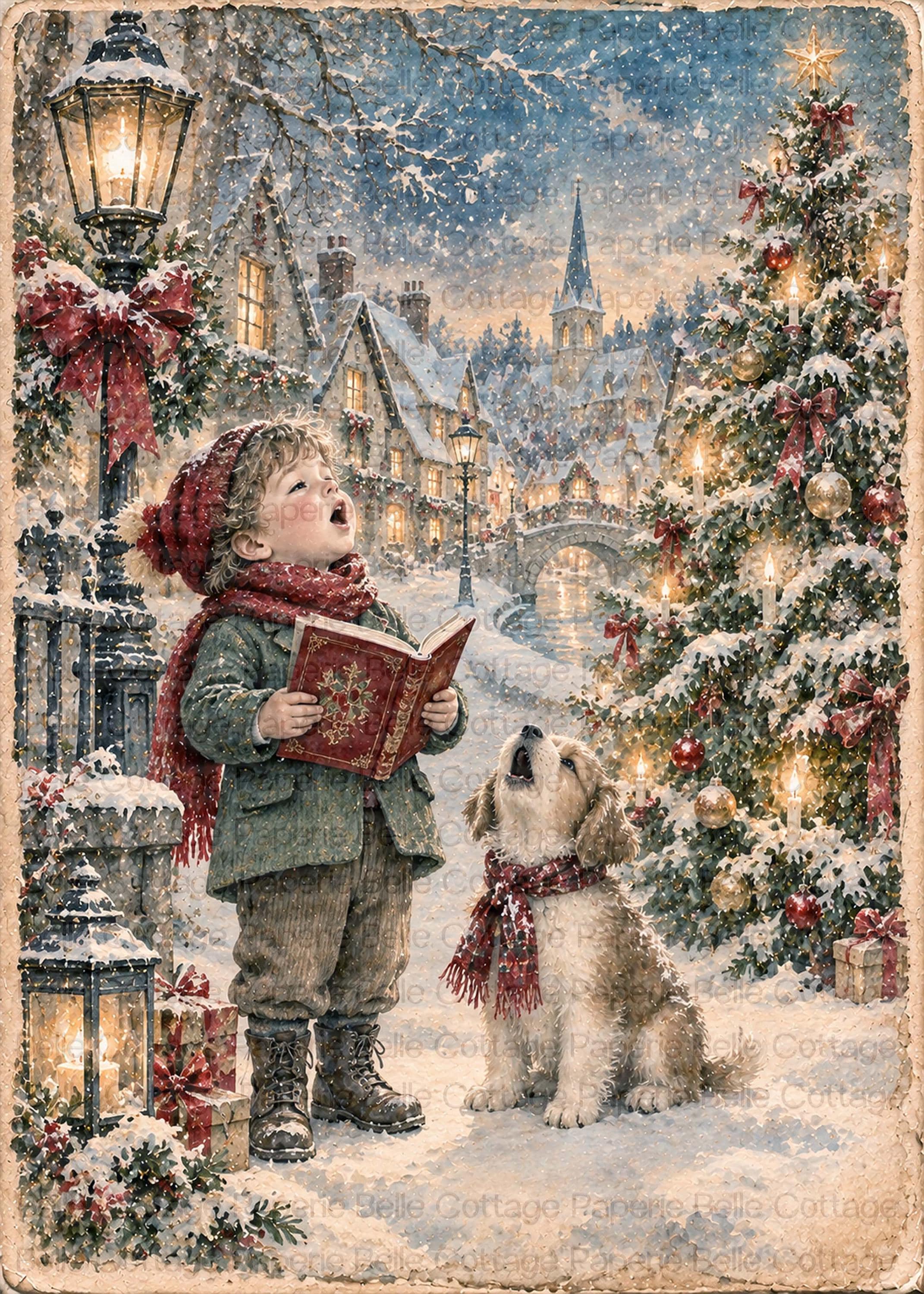 Christmas Boy Rice Paper, Christmas Storybook Decoupage Paper, Boy & Puppy Winter Scene, Vintage Christmas Decor, A4 Rice Paper N17