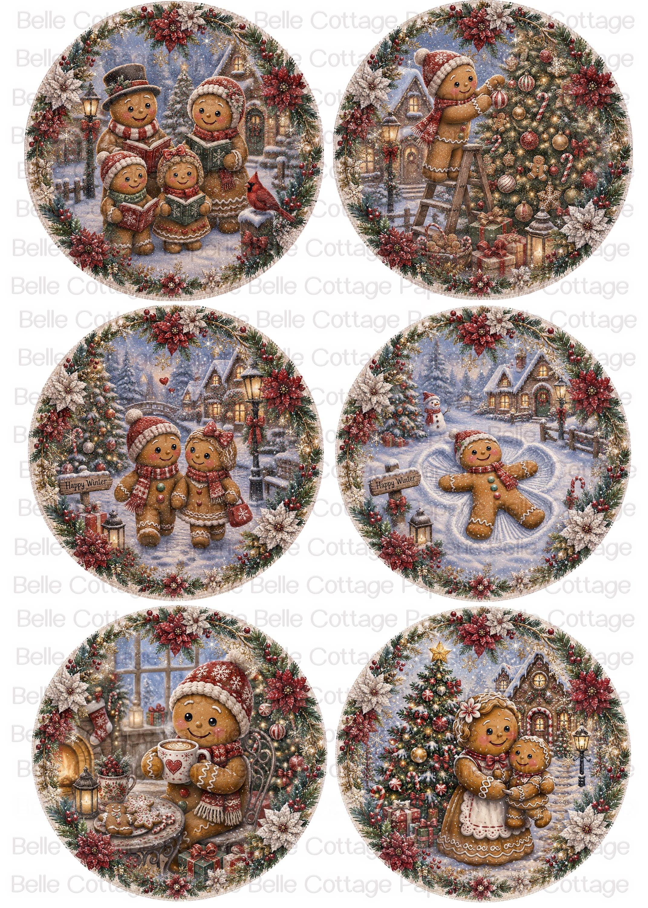 Christmas Gingerbread A4 Rice Paper, 6 Round Christmas Designs, Gingerbread Family Decoupage Paper, Mulberry Rice Paper, Winter Crafts
