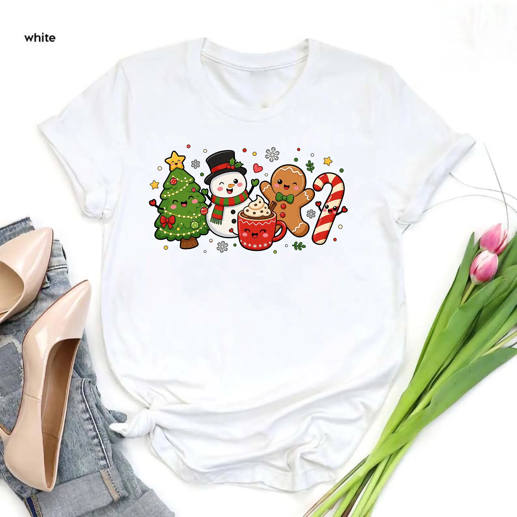 Festive Christmas T-Shirt, Gingerbread Snowman Tree Tee, Winter Gift Pack