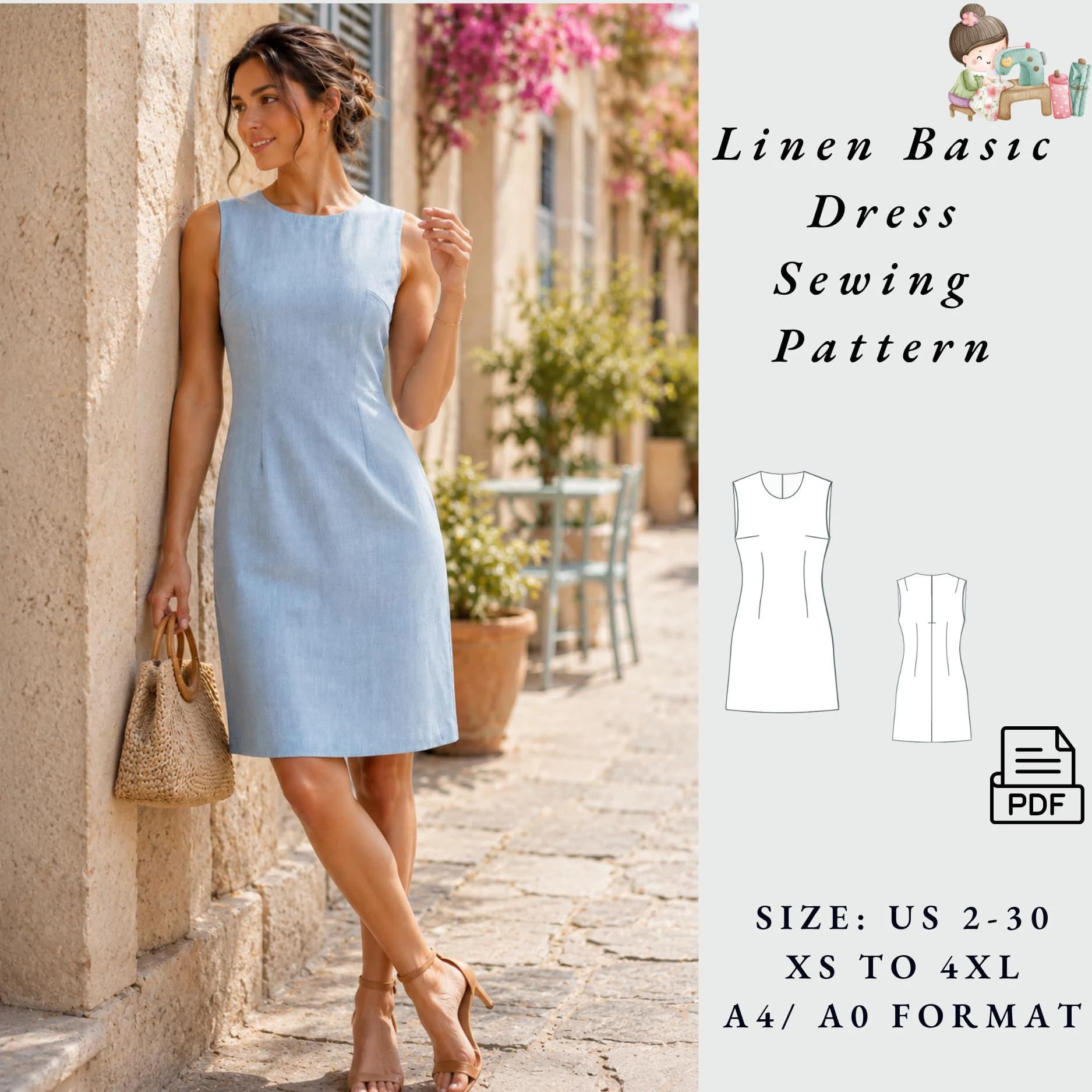 Linen Mini Dress Sewing Pattern Digital Sewing Pattern PDF Dress Pattern-A-Line Linen Dress size 2 to 30-A4-A0 Format
