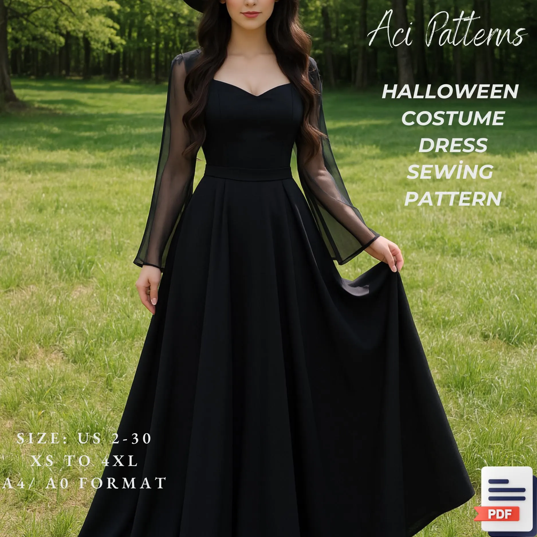 Halloween Dress Pattern, Gothic Witch Costume Dress Pattern,Fantasy Dress, Halloween Dress Sewing Pattern (A4 US LETTER/ A0 FORMAT)