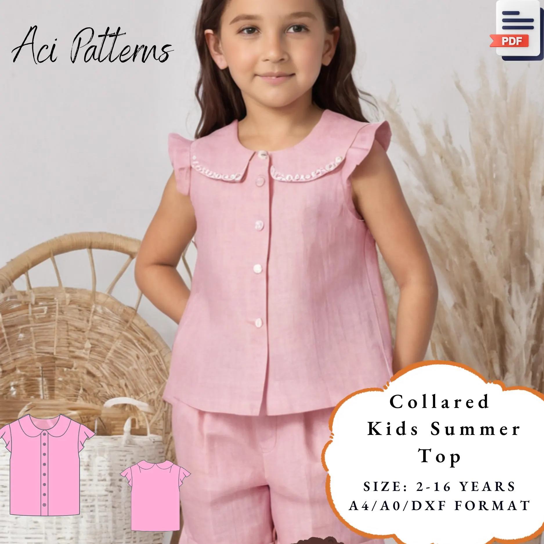 Collar Kids Top, PDF Kids Sewing Pattern, Easy Top PDF pattern, Kids top sewing pattern,Girl Top Patter Size 2-16 Years, A4-A0  dxf