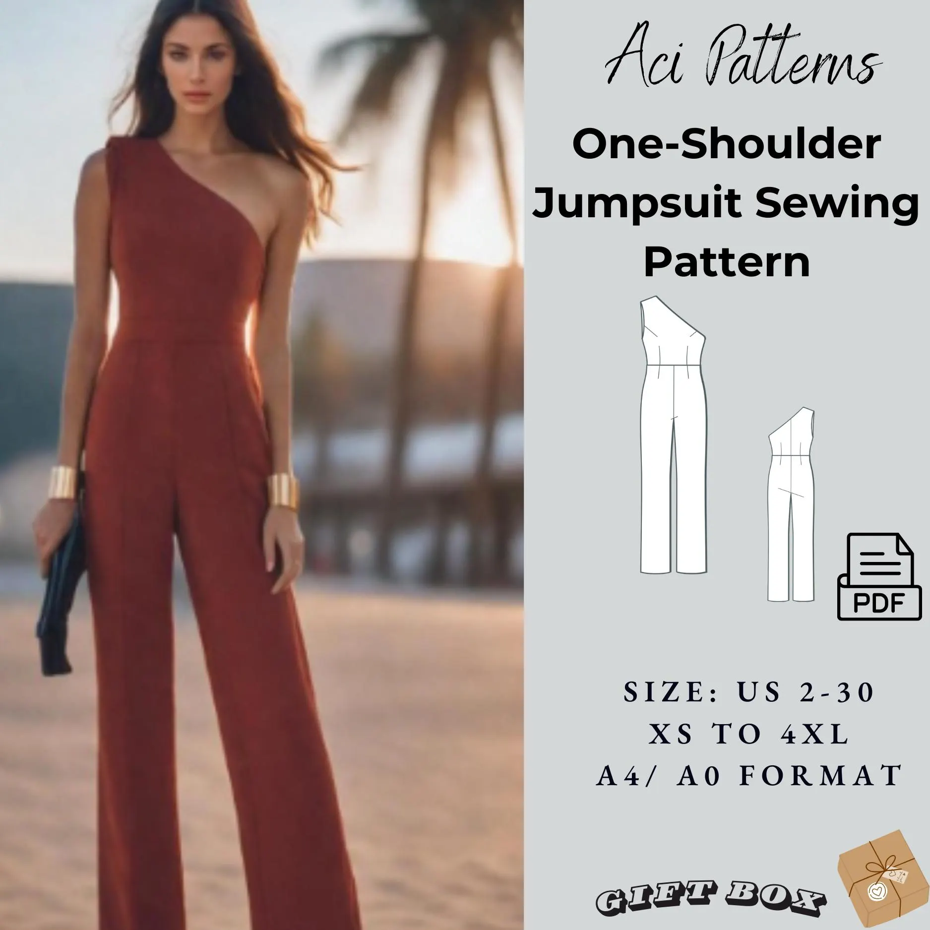 Jumpsuit evening overalls,One Shoulder Jumpsuit,Jumpsuit Sewing Pattern,Formal Jumpsuit Sewing Pattern A4 / A0 (PDF Pattern) - image 3