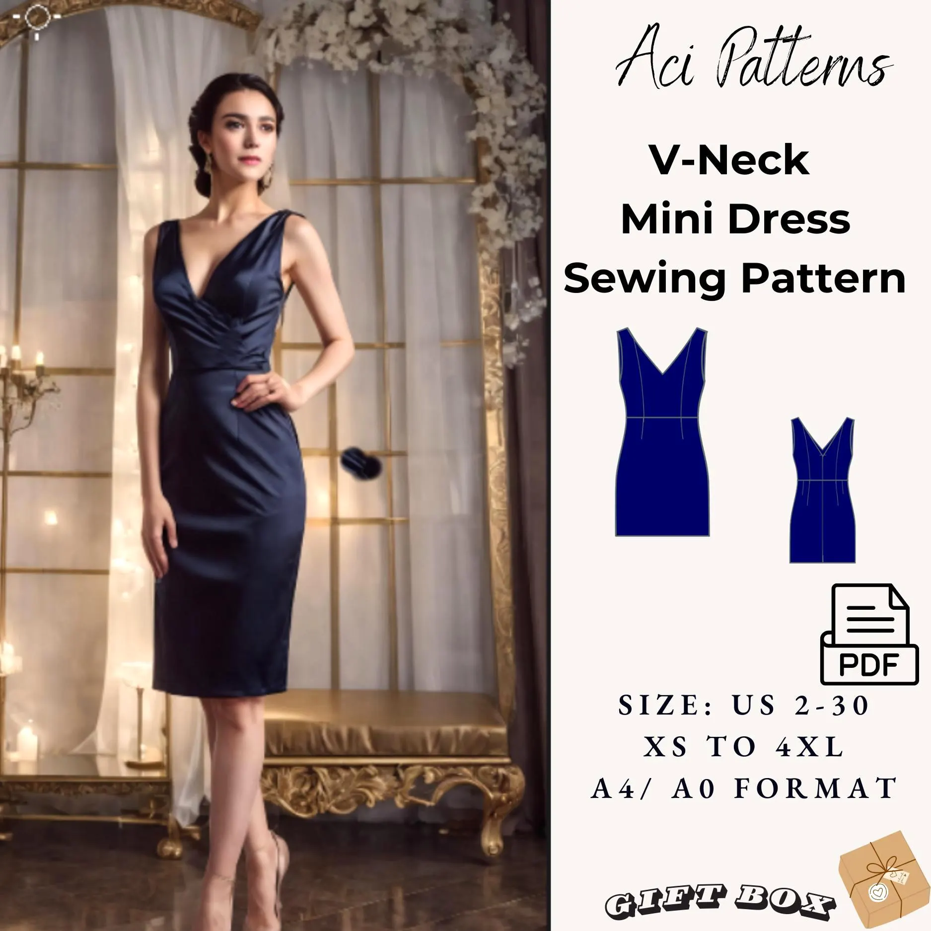 V-Neck Mini Dress Sewing Pattern, Ladies Size 2-30 (A4-US LETTER-A0) (PDF Pattern) - image 4