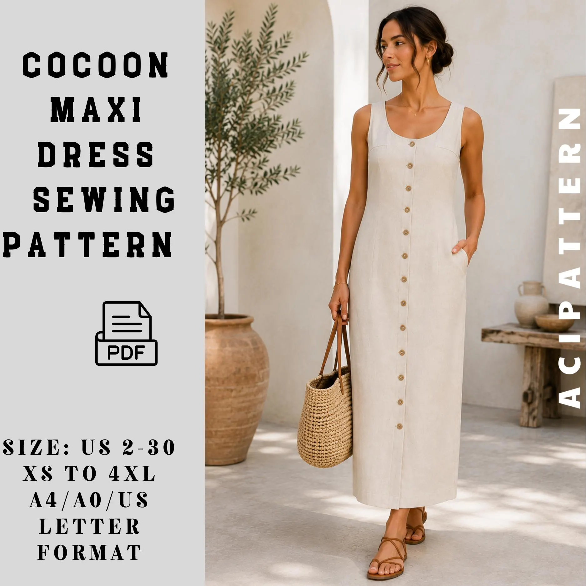 Cocoon Maxi Dress Sewing Pattern PDF, Button Front Dress Pattern, Round Scoop Neck Dress, Sleeveless Linen Dress with Pockets, Women’s PDF