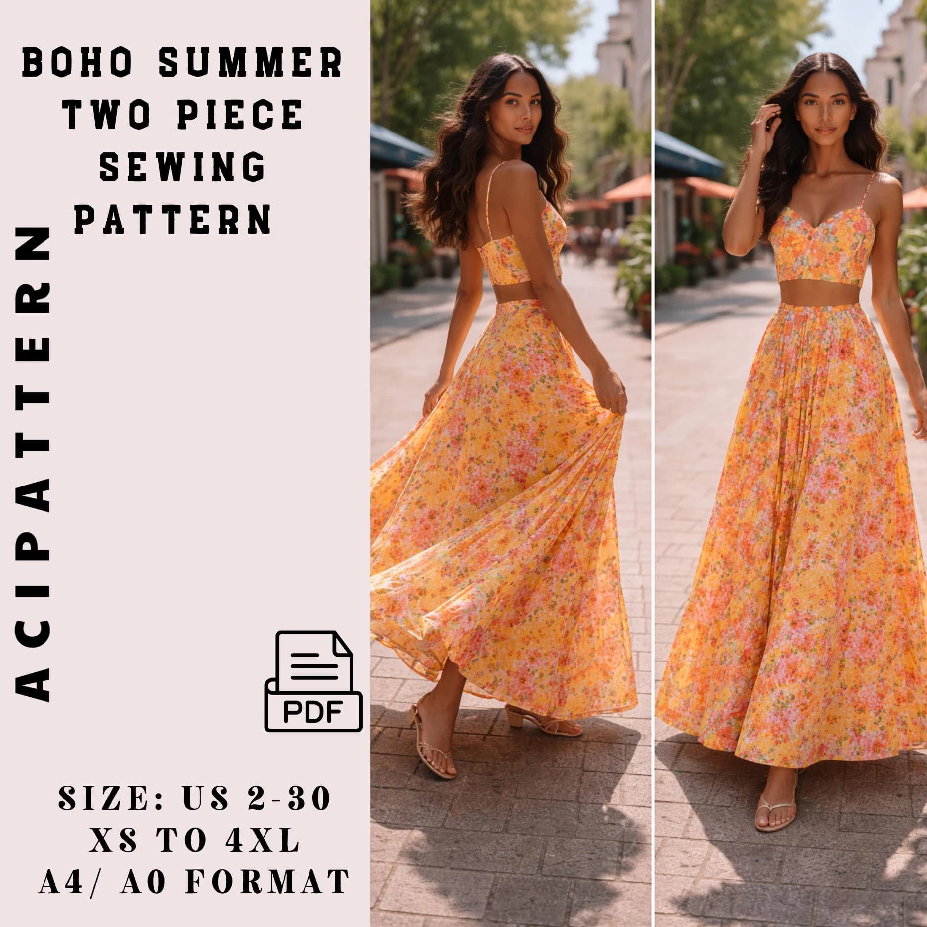 Boho Summer Two Piece Sewing Pattern | Short Top and Long Skirt PDF  2 - 30 A4/A0