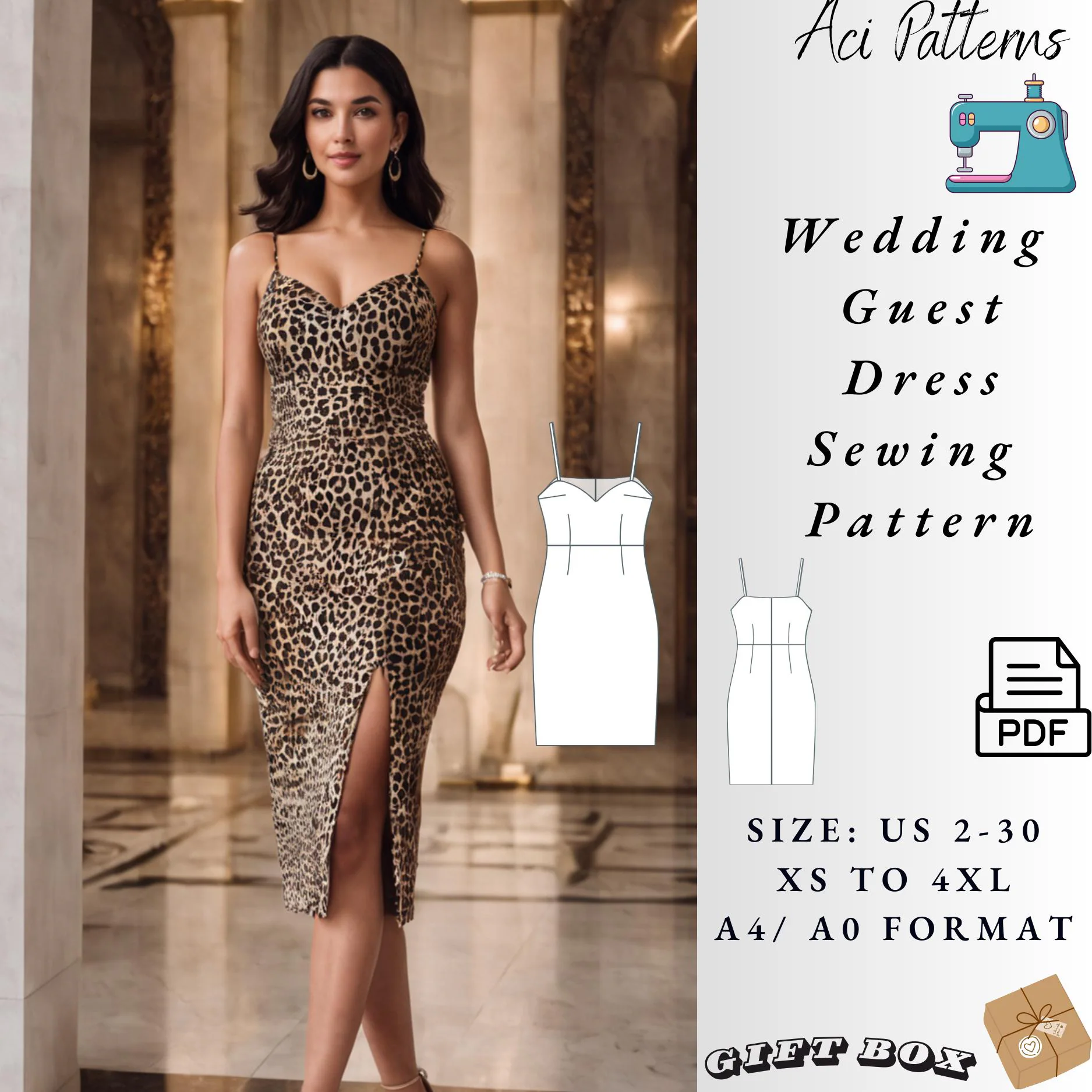 Slit dress pattern,prom dress pattern,evening gown dress,Wedding,Guest pattern,Graduation Dress size 2 to 30  A4-A0 Format