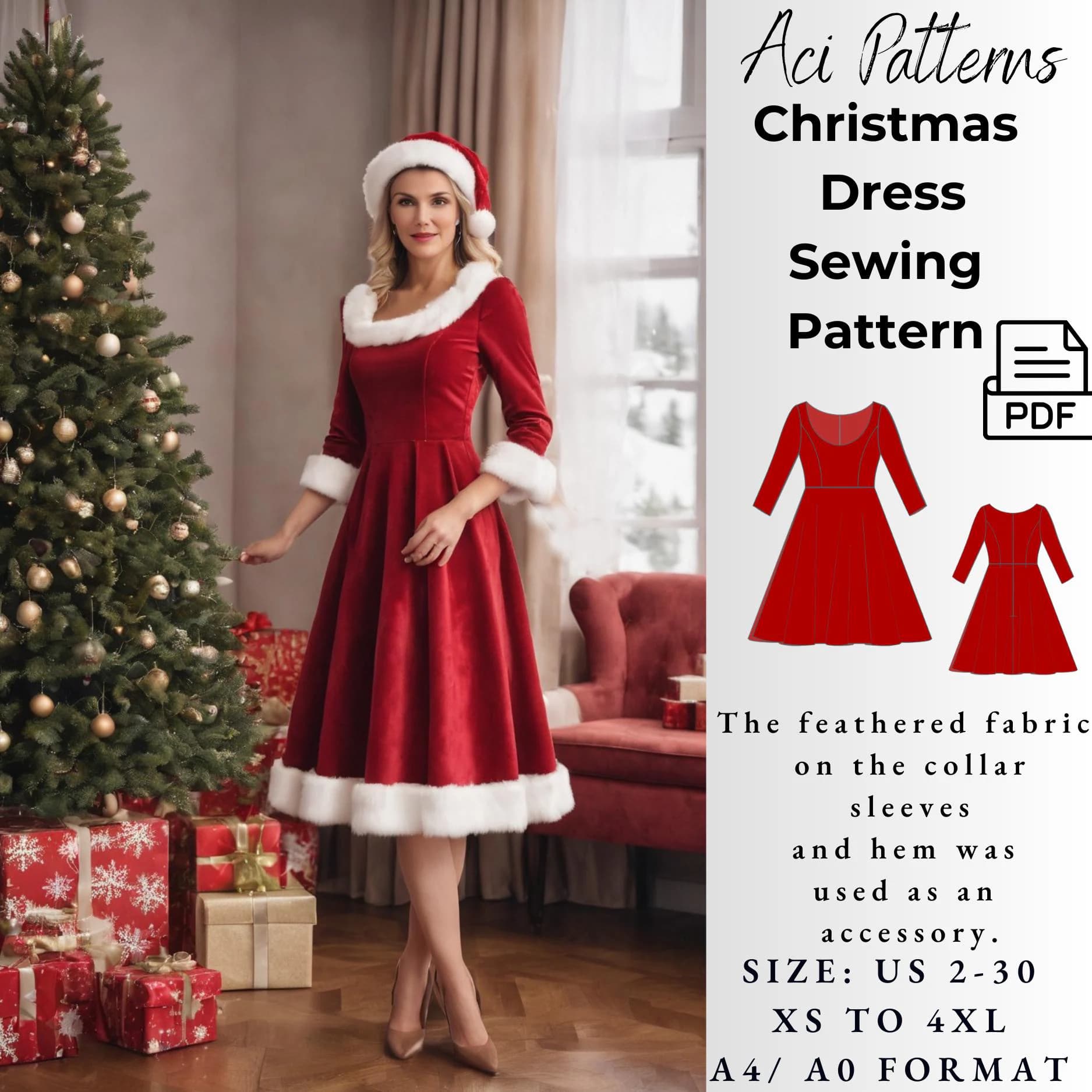 Christmas Dress, Mrs. Claus Dress Sewing Pattern, Round Neck Dress PDF Sewing Pattern, Woman Sewing Pattern, Dıy Christmas Dress 2to30