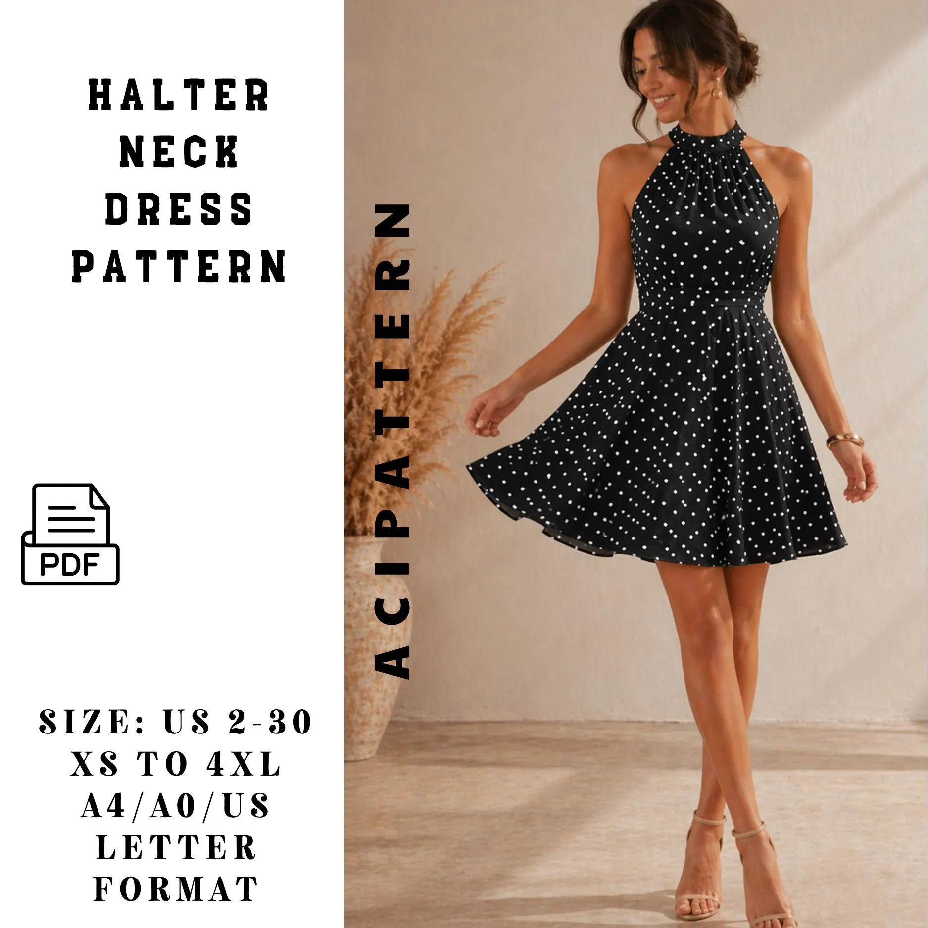 Halter Neck Dress Pattern PDF, Mini Summer Dress Sewing Pattern, Gathered Neck Dress, A-Line Skirt,Polka Dot Women's Dress Pattern