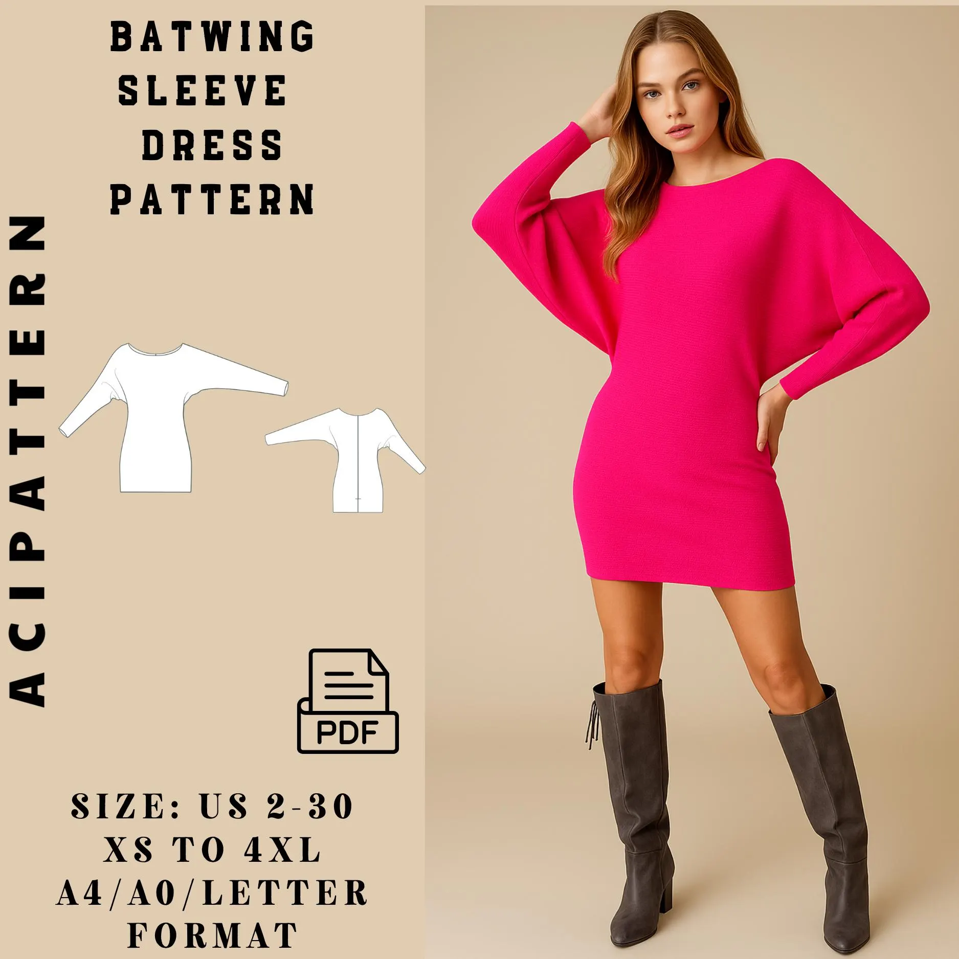Batwing Sleeve Dress Pattern - Dolman Sleeve Dress Pattern, PDF Above Knee Dress Sewing Pattern, Boat Neck Dress  2To 30 - A4  A0 Format