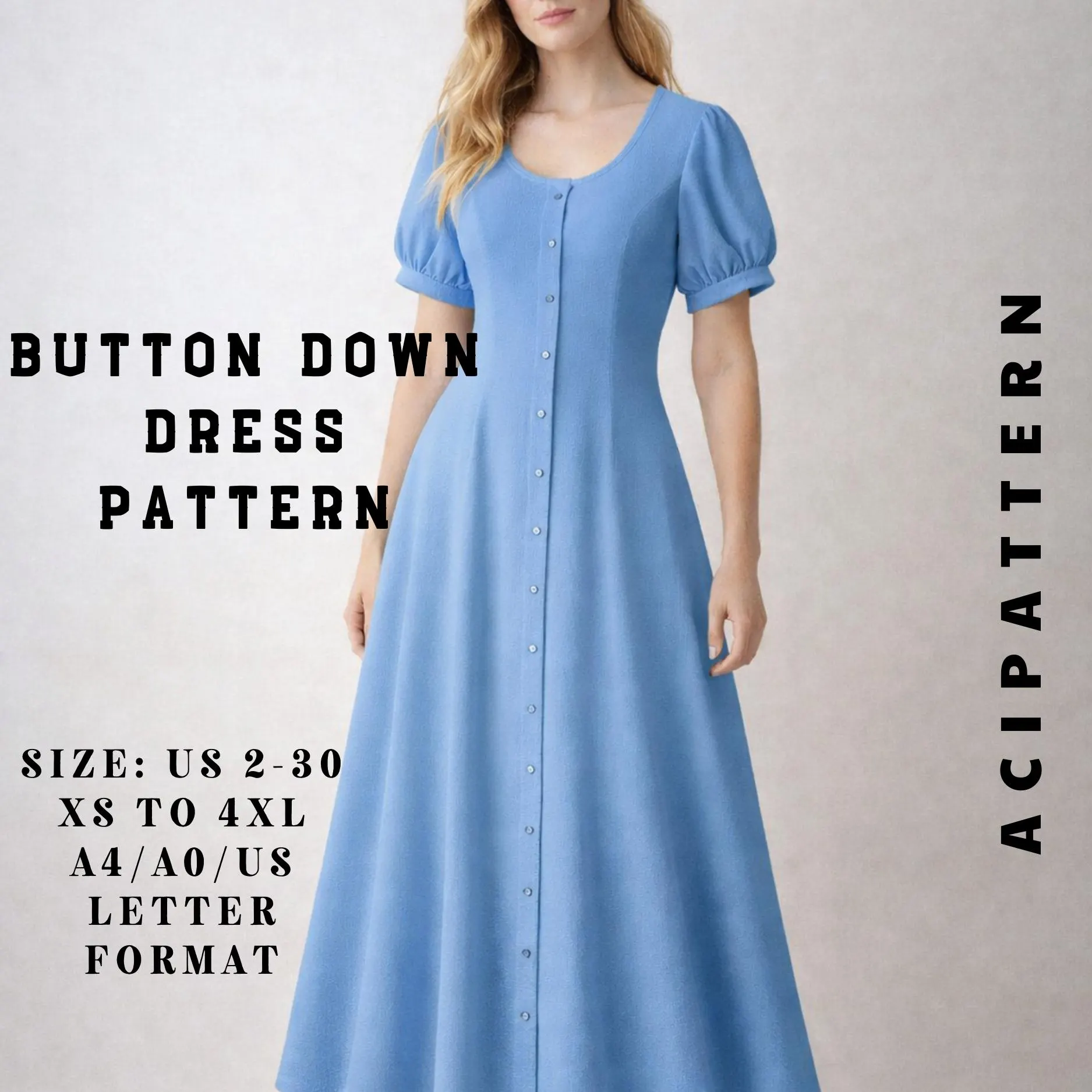 Button Down Dress Sewing Pattern,Cottagecore Dress,Evening Gown Dress,Puff Sleeve Dress,Flared Dress,  PDF  2 to 30  A4 /A0/ US Letter