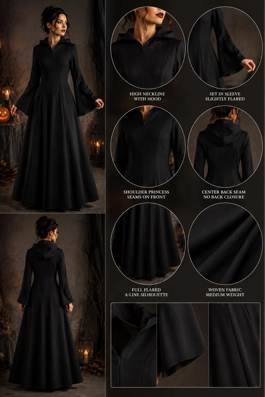 Witch Dress Sewing Pattern PDF, Hooded Gothic Dress Pattern, Halloween Costume Sewing Pattern, Flared Sleeve Dress, Women Digital Pattern - image 4