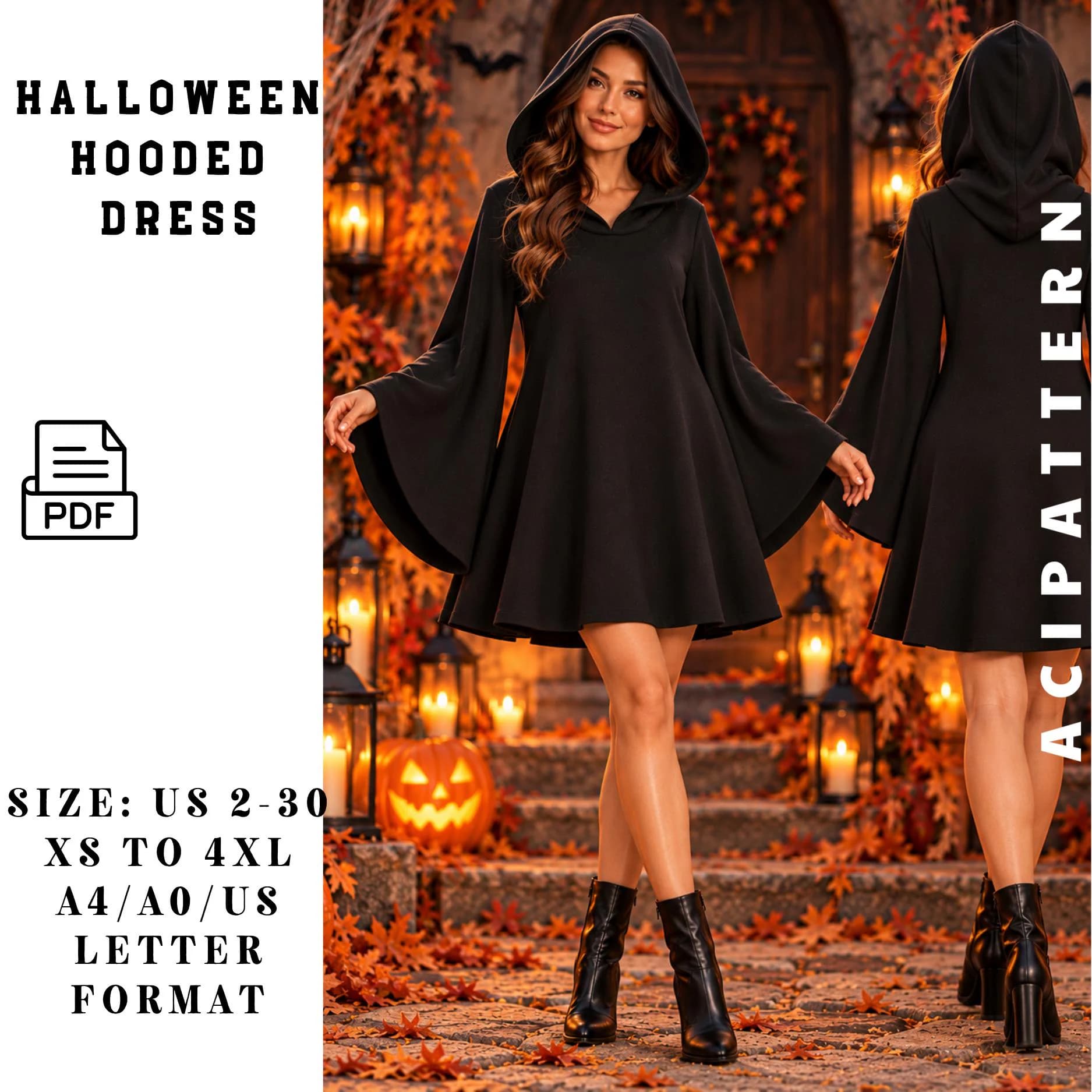 Halloween Witch Dress Sewing Pattern PDF-Hooded Mini Dress Pattern-Bell Sleeve Costume-Gothic Witch Dress-Women’s Halloween Costume 2 to 30