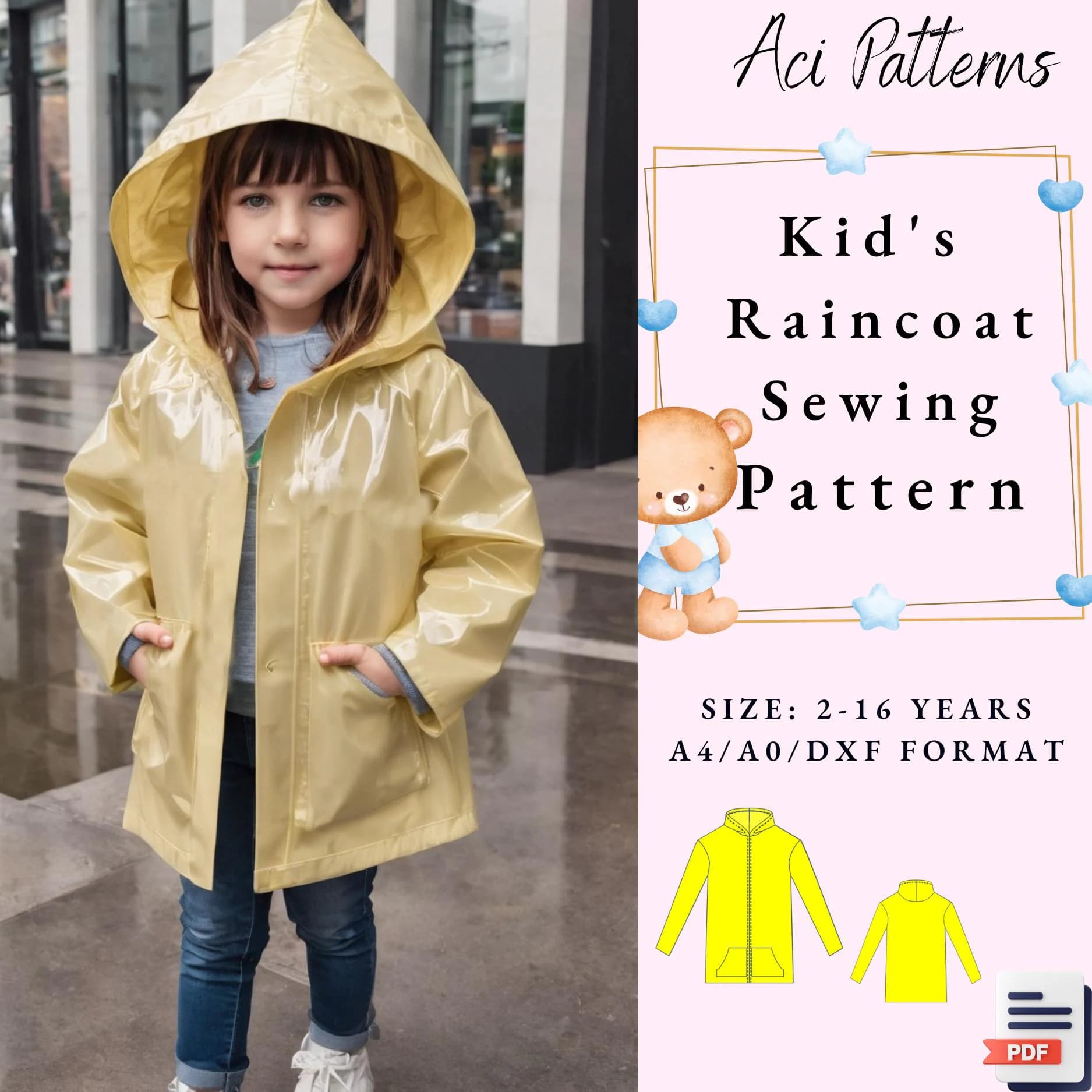 Kid's Raincoat Sewing Pattern,Kid's Jacket Pattern, Raincoat Pattern, Hoodie Sewing Pattern for Kids, - Size 2-16 Years, A4-A0 US LETTER dxf