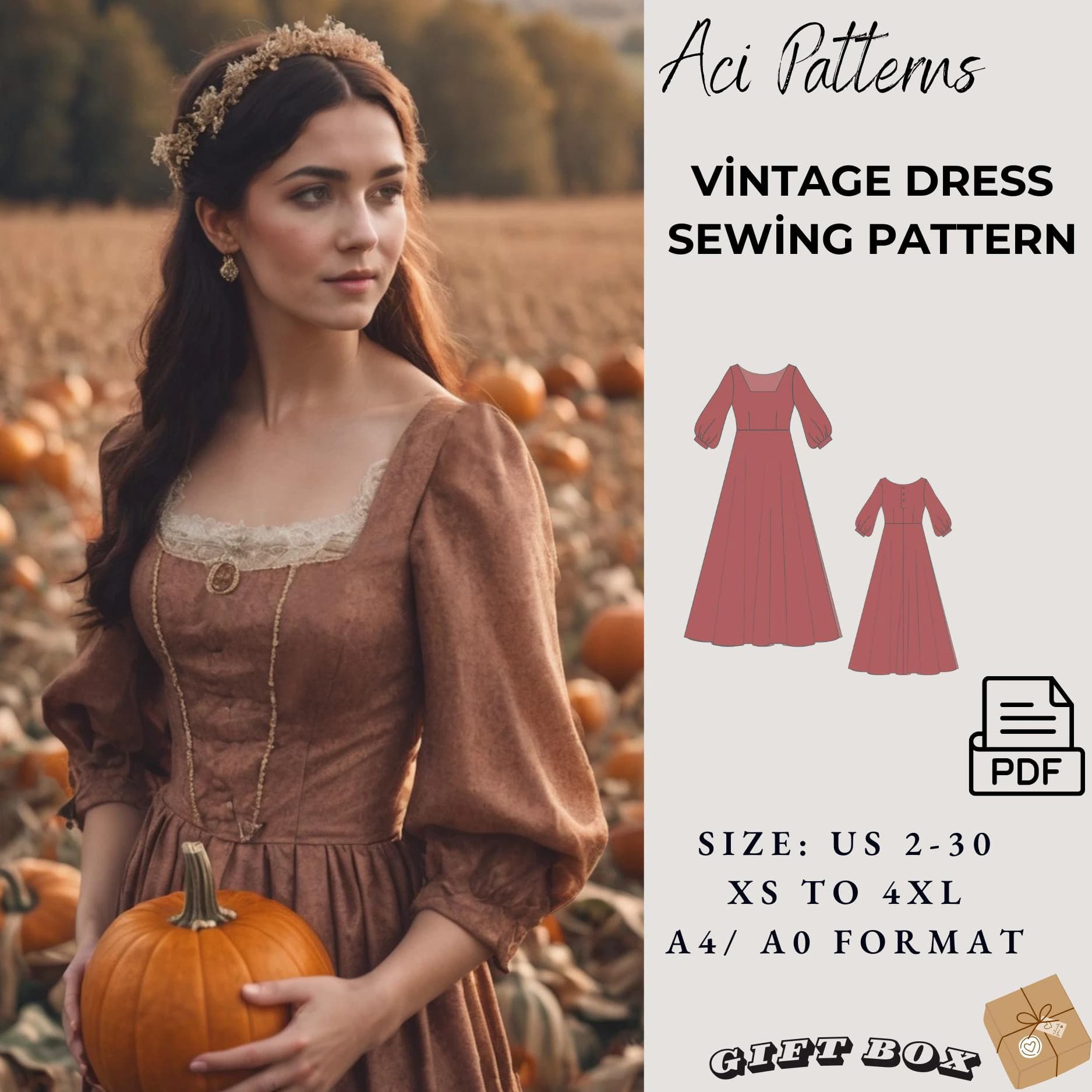 Vintage Style Dress Sewing Pattern,Renaissance Medieval Cosplay Dress,sewing pattern, (PDF Pattern) 2 To 30 A4 A0 Format