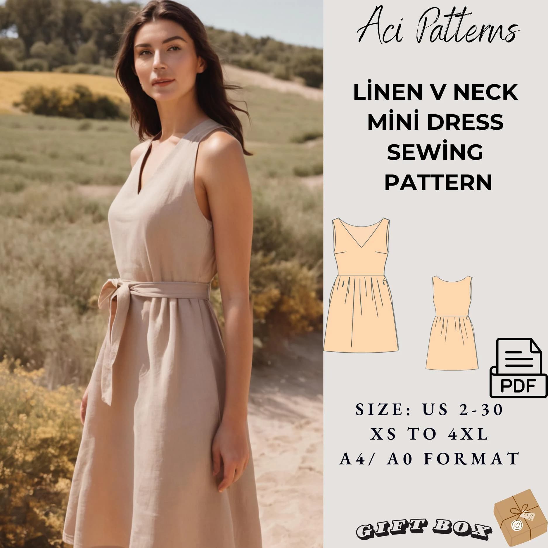 Linen V-Neck Mini Dress Sewing Pattern (PDF Pattern)