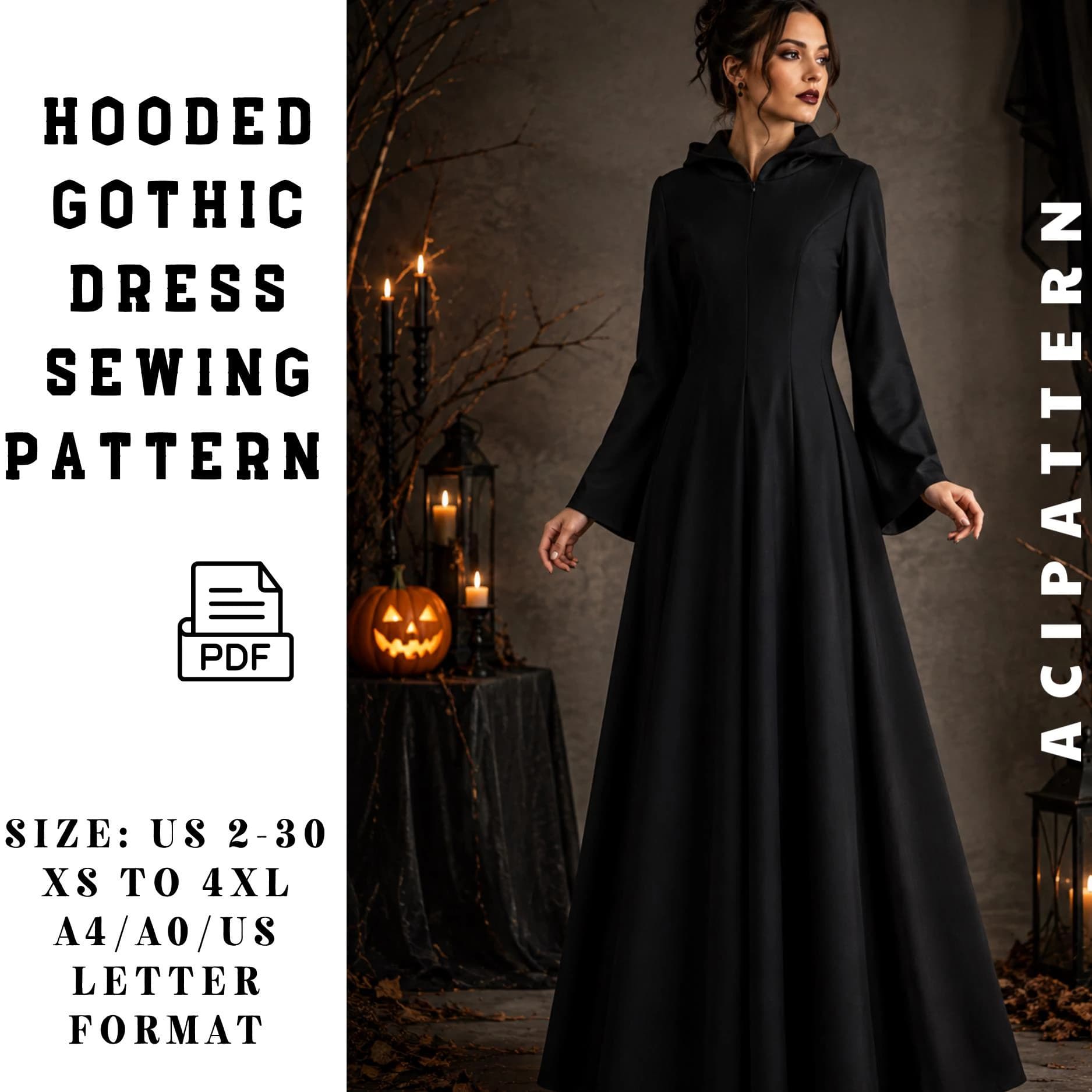 Witch Dress Sewing Pattern PDF, Hooded Gothic Dress Pattern, Halloween Costume Sewing Pattern, Flared Sleeve Dress, Women Digital Pattern