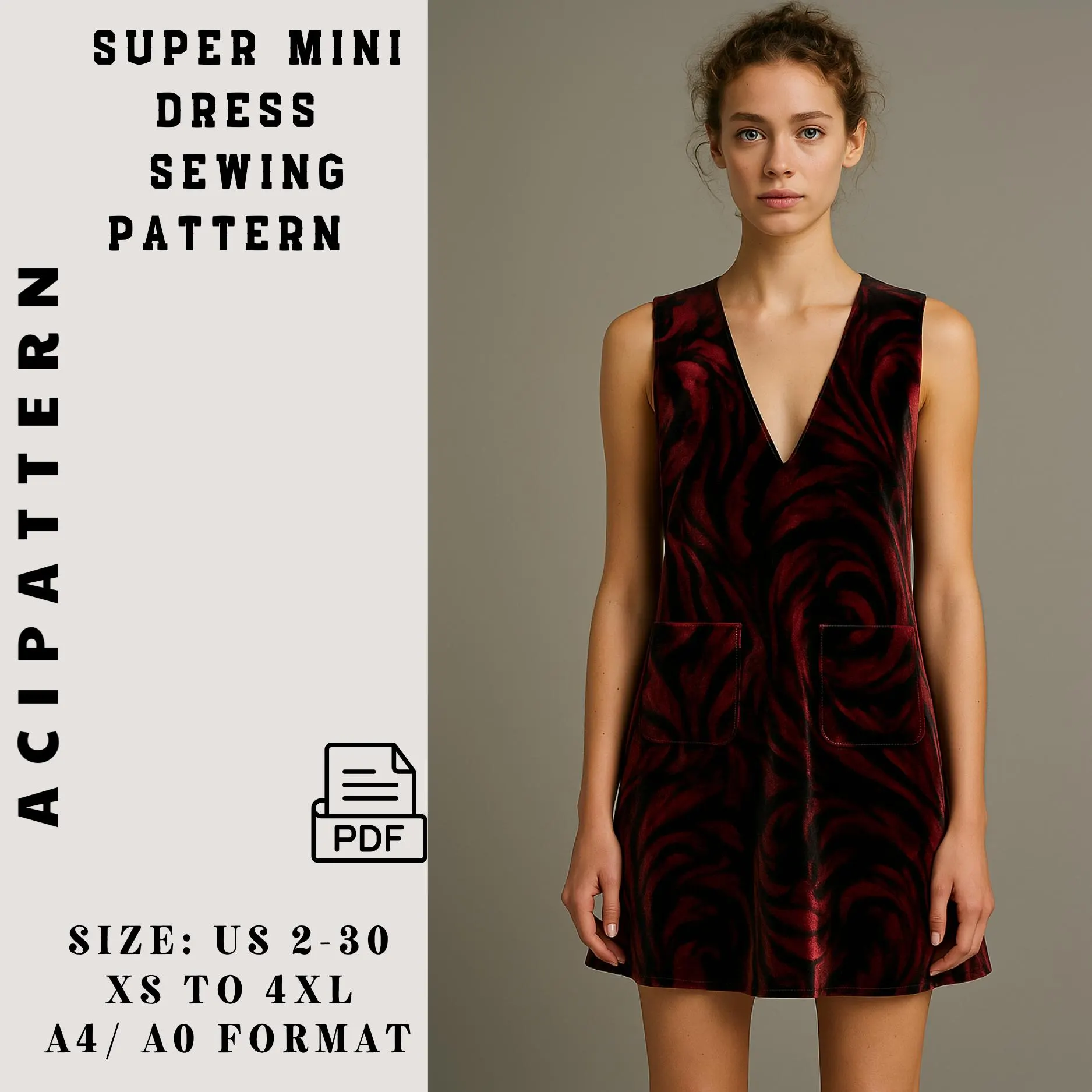 A-Line V-Neck Mini Dress Sewing Pattern with Pockets (PDF Pattern, Size 2-30)