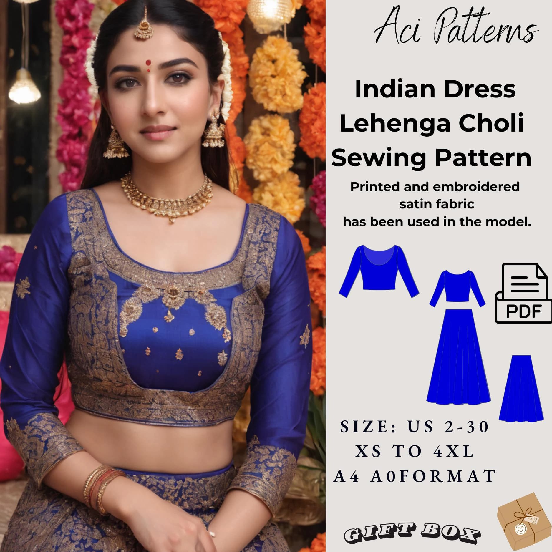 Indian Dress Sewing Pattern, Lehenga Choli dress,Indian Skirt and Blouse, PDF Ladies size 2 to 30-A4-US-A0 Format