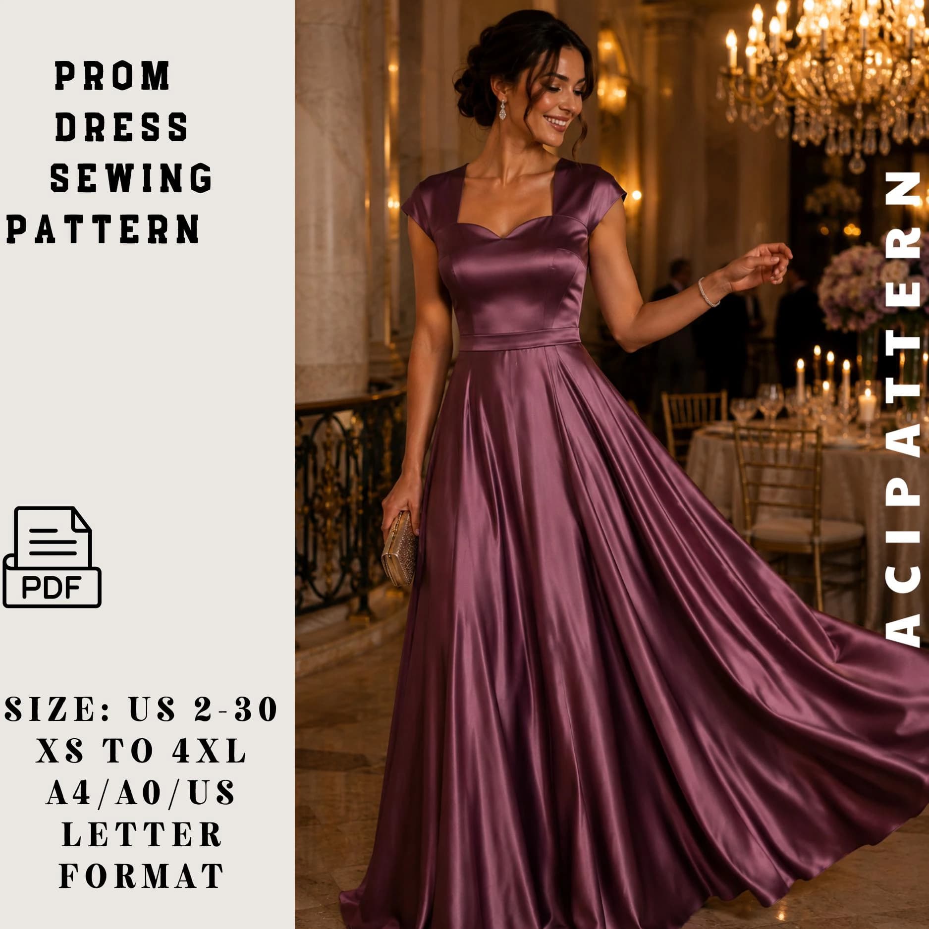 Elegant Satin Evening Dress Sewing Pattern PDF-Maxi Evening Dress Pattern-Bridesmaid Dress Pattern-Wedding Guest Dress-Short-Sleeved Dress