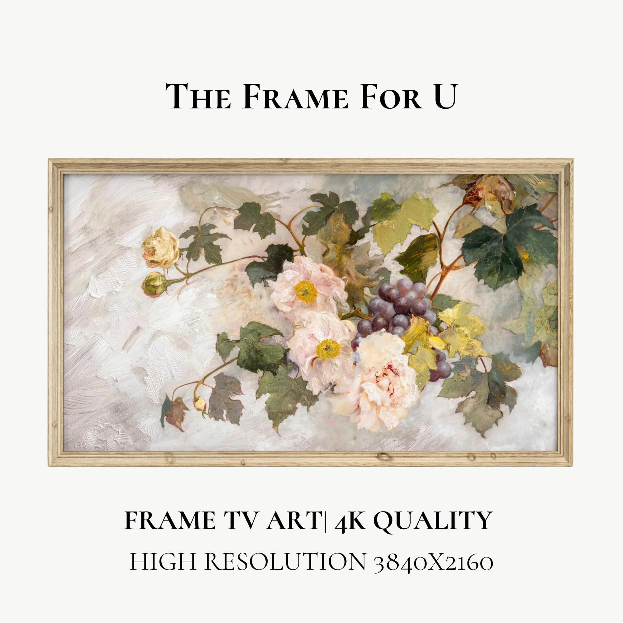 Samsung Frame TV Art, Floral Pink Peonies and Grape Abstract, Art For Frame Tv, Oil Painting, Digital Download | TV01104