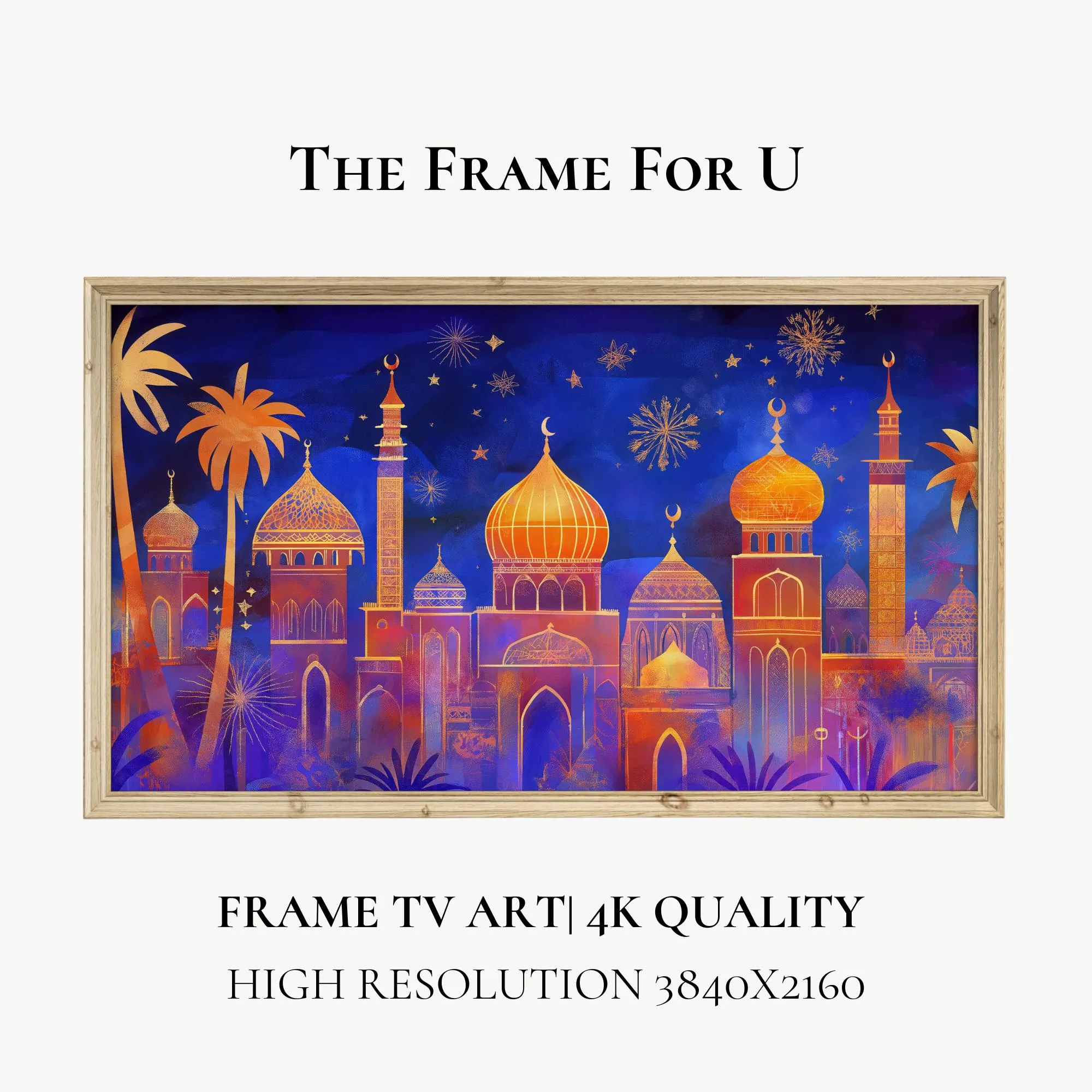 Eid Mubarak Frame TV Art, Vibrant Islamic Domes and Fireworks Design, Digital Download | TV0602
