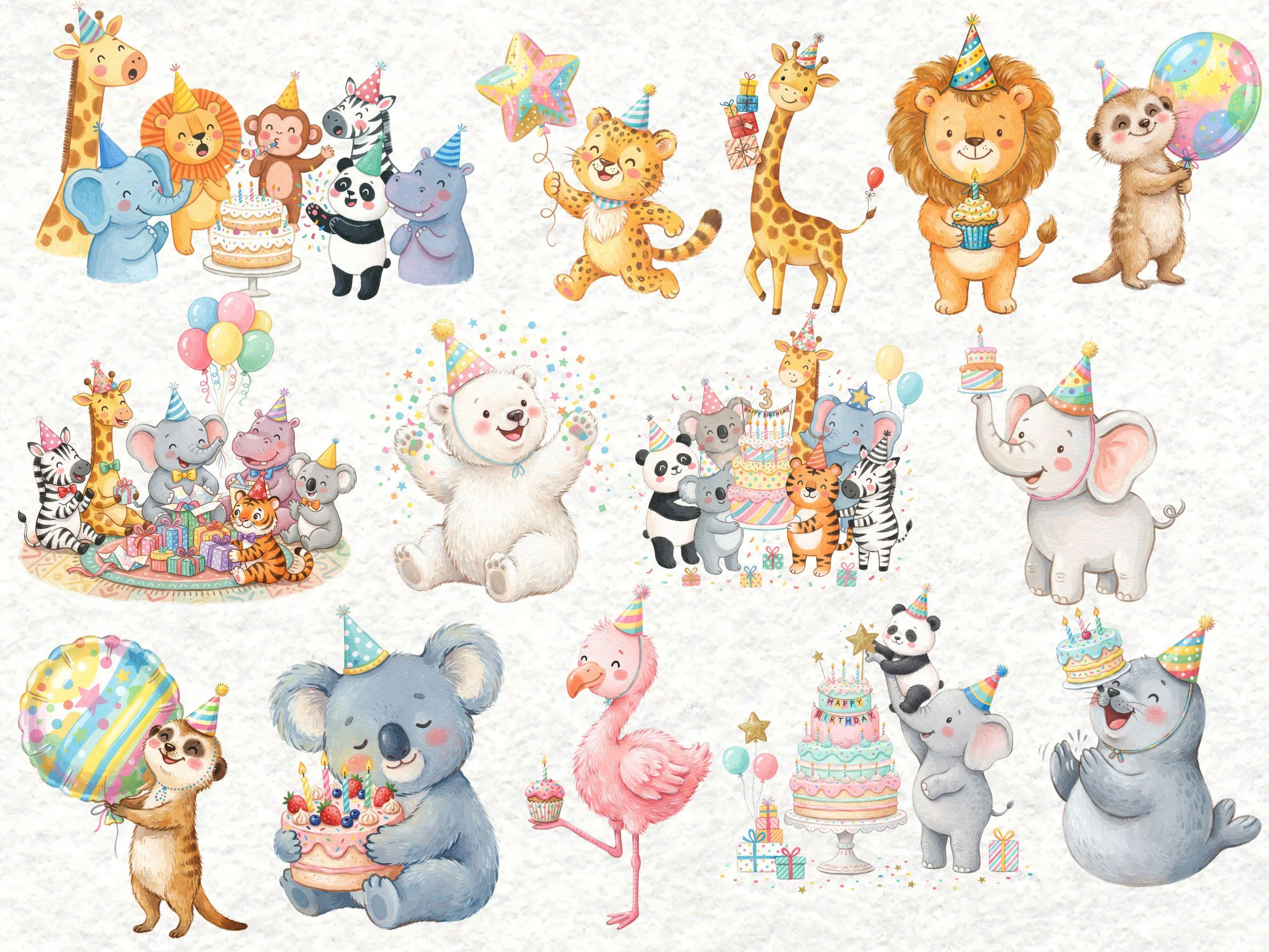 Watercolor Cute Zoo Animal Clipart, Pastel Safari Birthday PNG, Kawaii Jungle Party Graphics, Kids Animal 92 PNG Bundle, Commercial Use - image 4