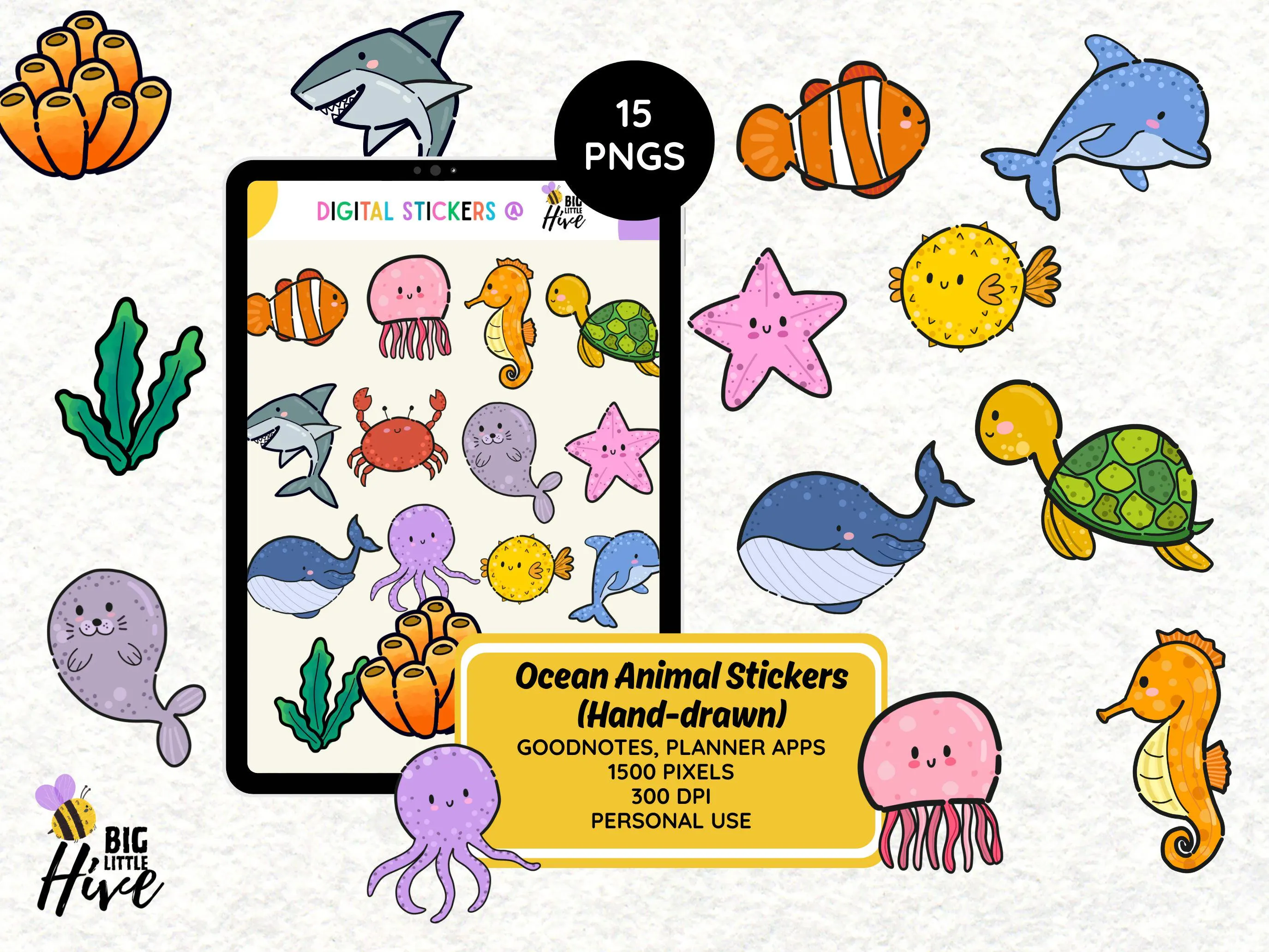 Sea Life Digital Stickers for GoodNotes, OneNote, Notability | Hand Drawn Ocean Animals PNG Sticker Pack | Digital Planner Stickers 300 DPI