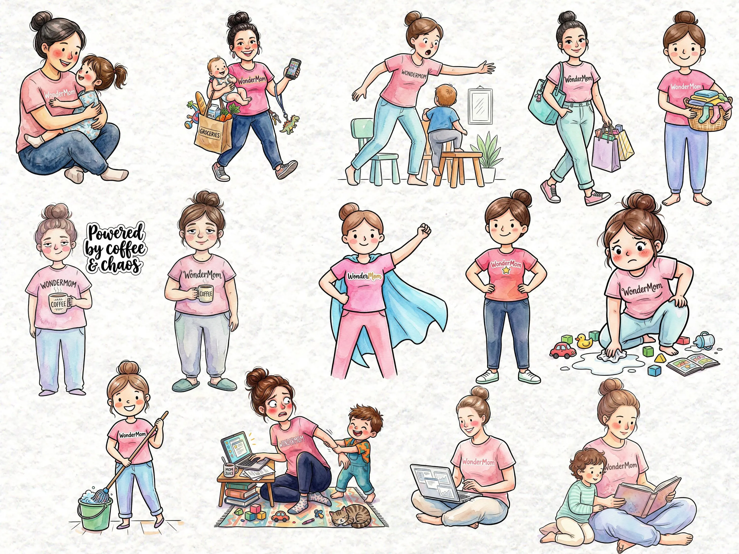 watercolor wonder mom standing superhero pose pink shirt cape illustration
busy mom holding baby and coffee cute watercolor clipart
mom grocery shopping with kids watercolor illustration png
tired mom running on little sleep watercolor design
mom cleaning house playful watercolor illustration
mom working on laptop with child watercolor clipart
happy mom reading book with child watercolor png
mom carrying shopping bags everyday life watercolor