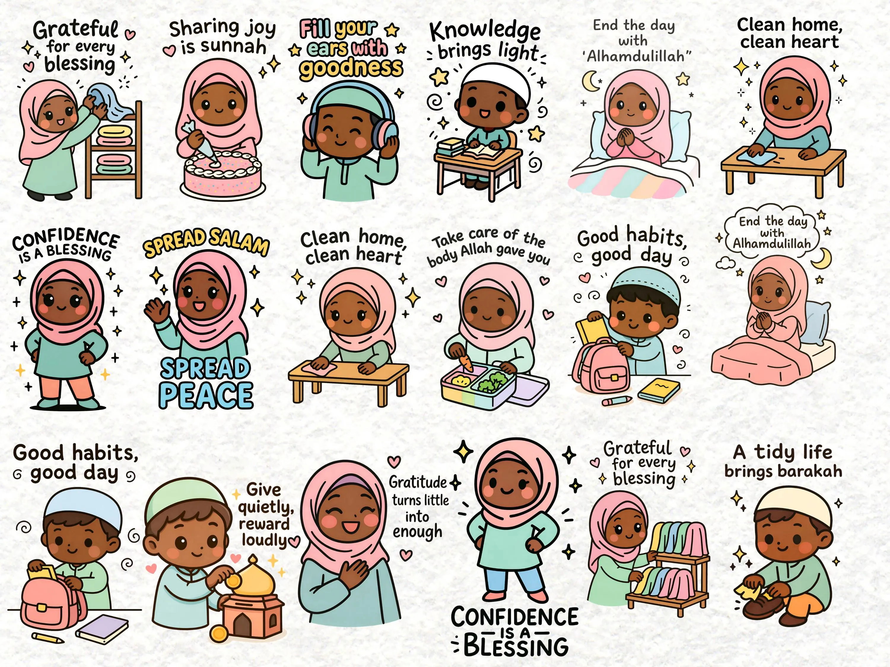 Kawaii Muslim Quote Clipart V2.0 Dark Skin | Islamic Kids Stickers PNG | Cute Hijab Girl Clipart 300 DPI | Planner & Sticker Art - image 4