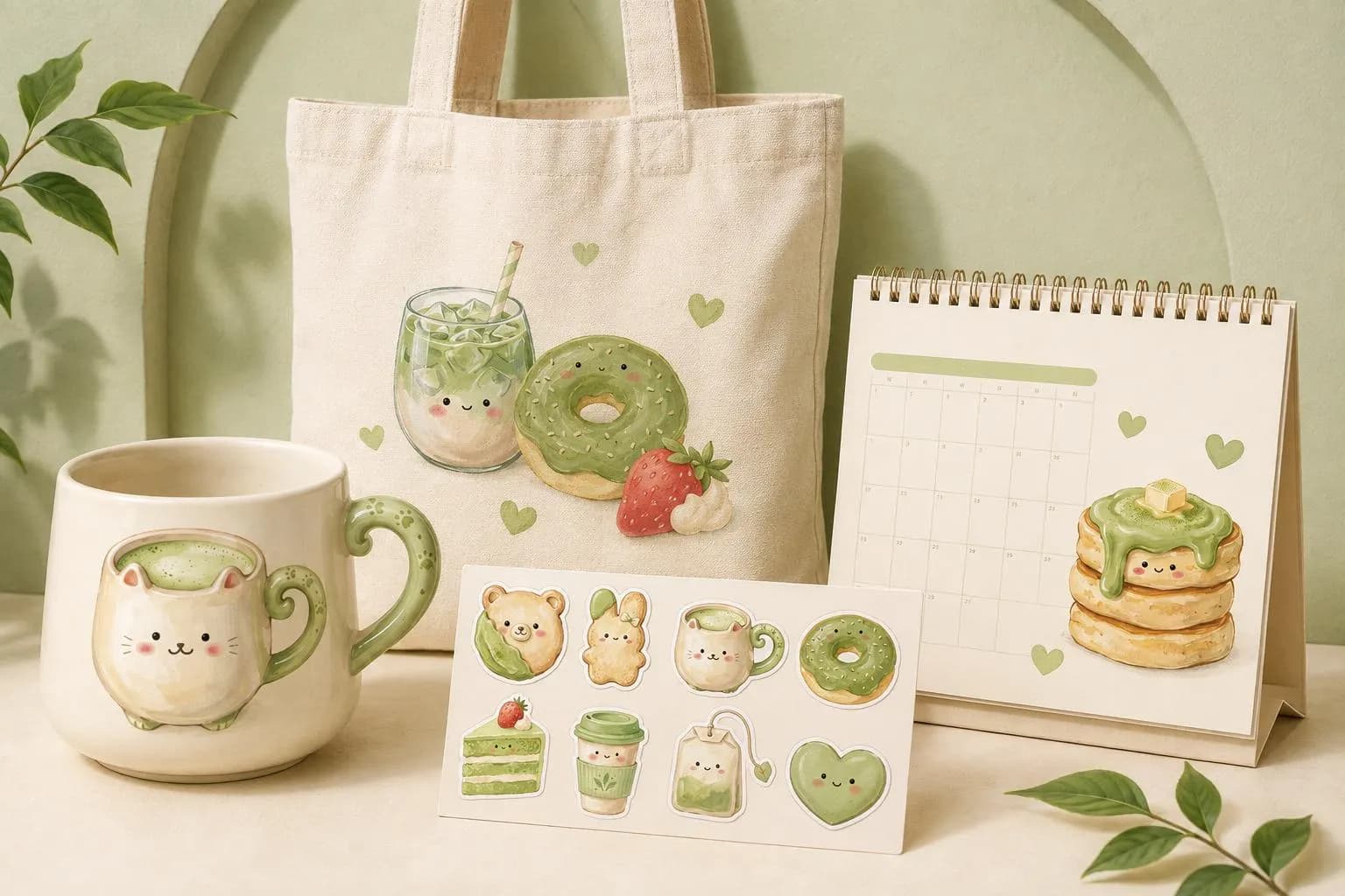 Cute Kawaii Matcha Clipart, Pastel Green Watercolor Food PNG, Cozy Japanese Tea Lover Digital Art, Sweet Cafe Dessert Graphics Bundle - image 3