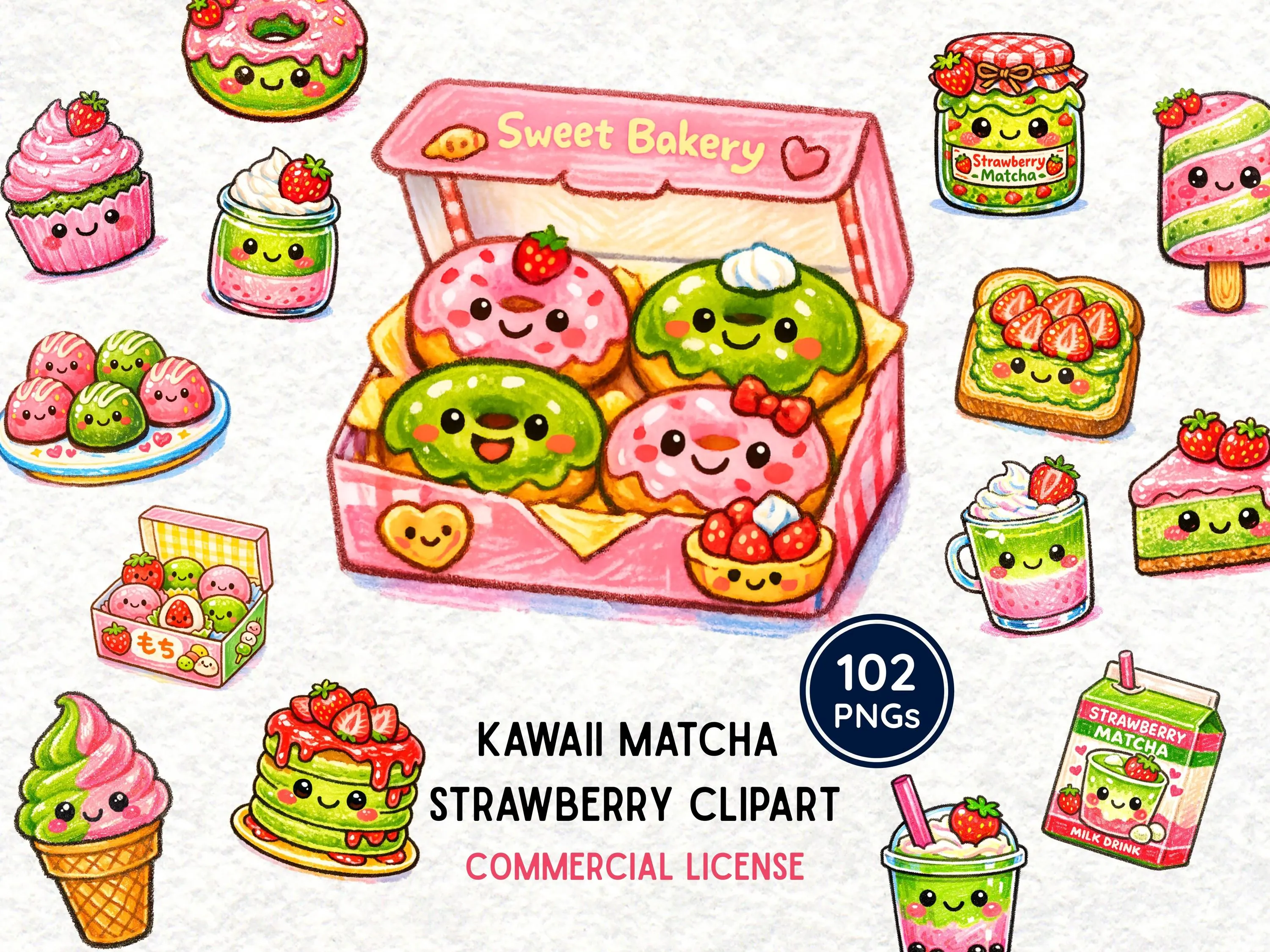 Kawaii Matcha Strawberry Clipart Bundle, Cute Dessert PNG, Matcha Drink Clipart, Kawaii Food Illustration, Printable Sticker, Commercial Use
