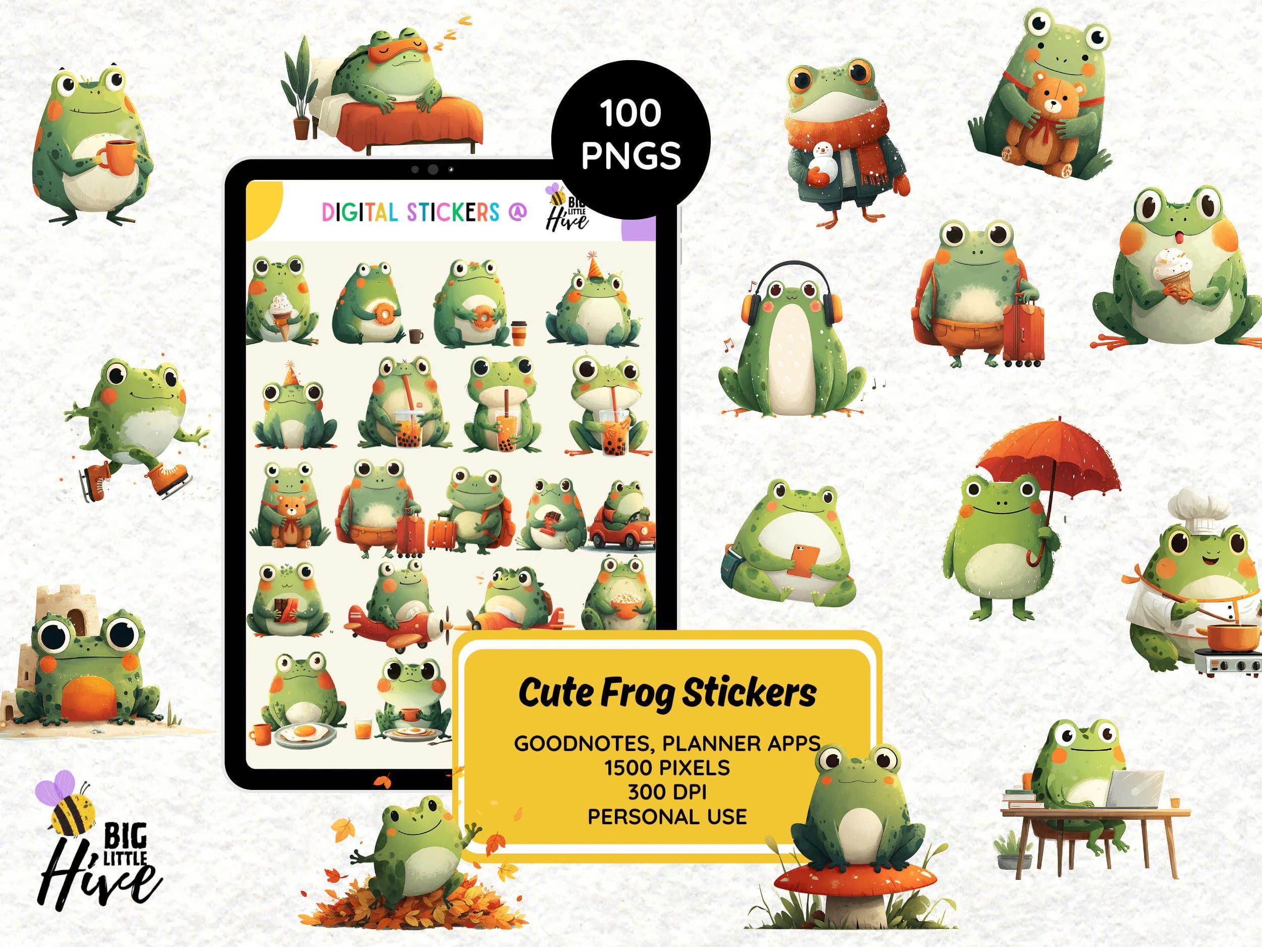 Frog Digital Stickers for GoodNotes, OneNote, Notability | Cute Frog Clipart PNG Sticker Pack | Digital Planner Stickers 300 DPI
