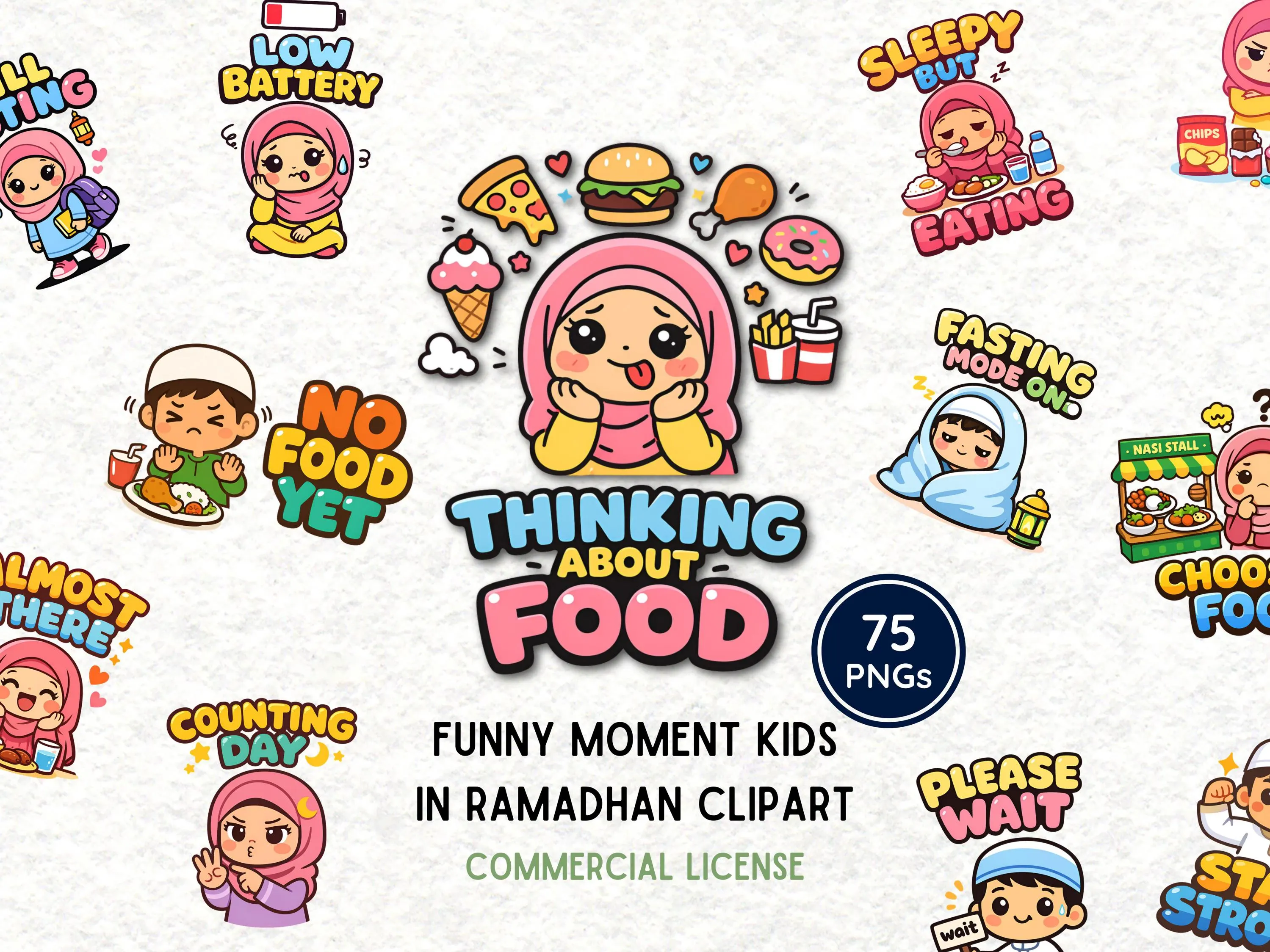 Ramadan Kids Clipart | Funny Moment Muslim Children Fasting PNG | Cute Iftar Sahur Cartoon | Islamic Ramadhan Sticker | Commercial Use