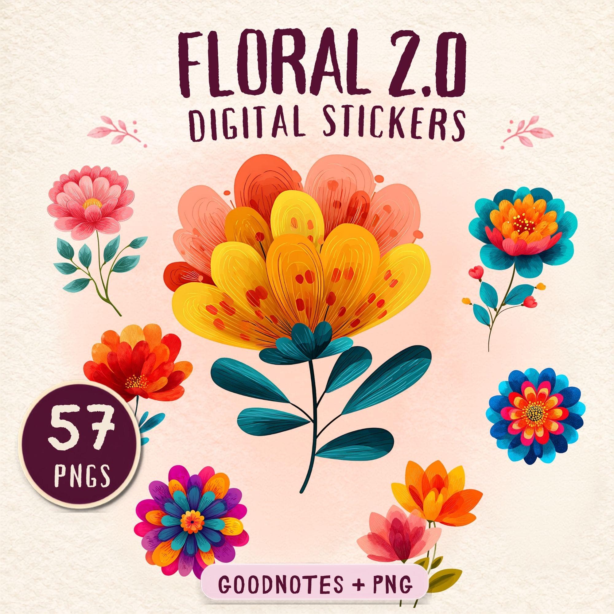 Vibrant Colorful Floral Digital Stickers, Bright Botanical Flower PNG, Pretty Goodnotes Planner Stickers, Cheerful Journal Scrapbook Clipart