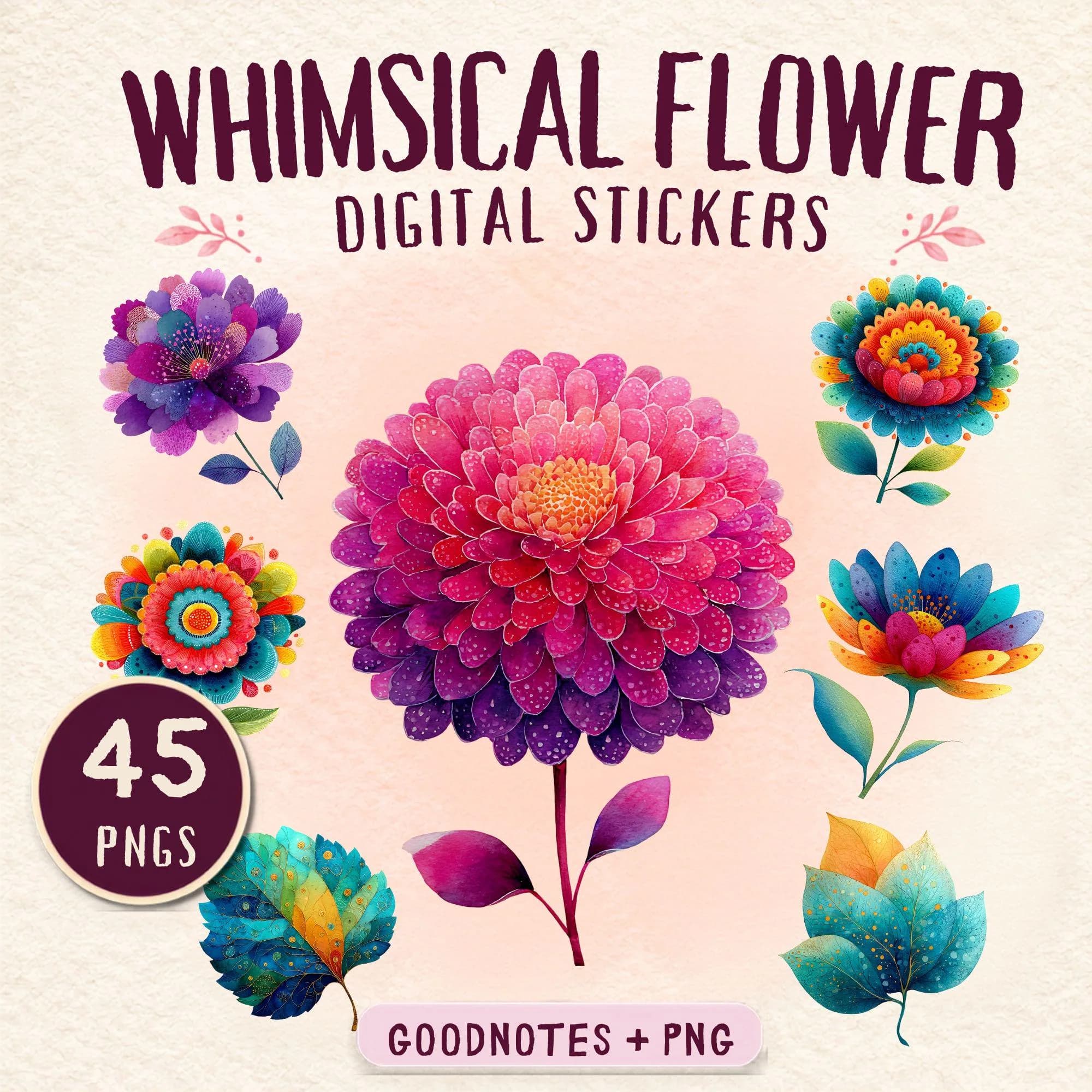 Vibrant Whimsical Flower Digital Stickers, Colorful Watercolor Floral PNG, Sweet Goodnotes Planner Decor, Cheerful Journal Scrapbook Clipart