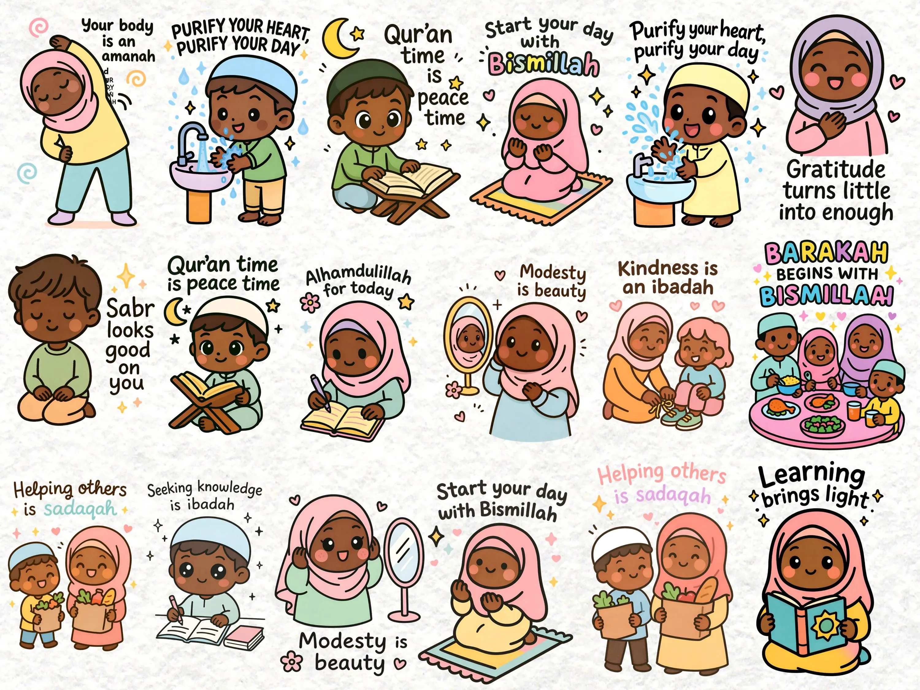 Kawaii Muslim Quote Clipart V2.0 Dark Skin | Islamic Kids Stickers PNG | Cute Hijab Girl Clipart 300 DPI | Planner & Sticker Art - image 5