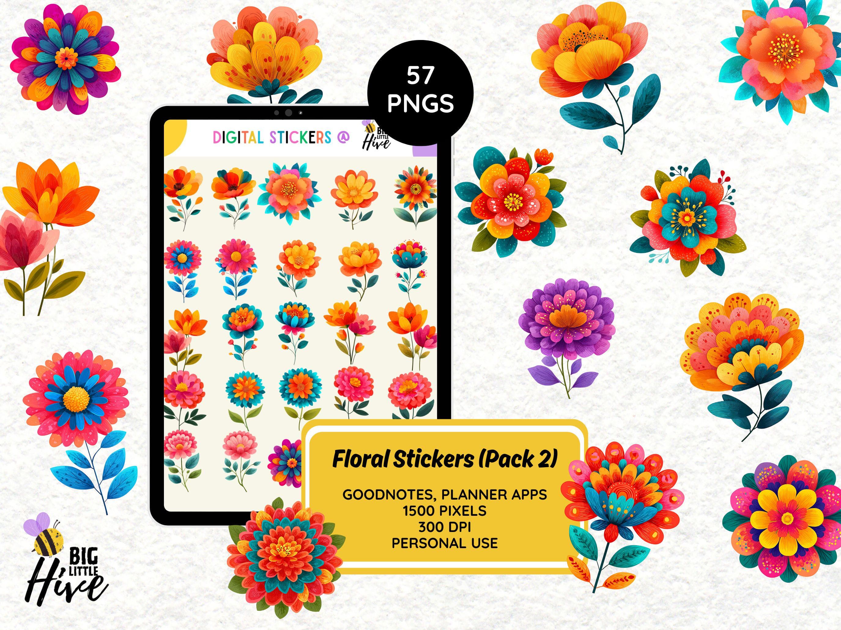 Vibrant Colorful Floral Digital Stickers, Bright Botanical Flower PNG, Pretty Goodnotes Planner Stickers, Cheerful Journal Scrapbook Clipart - image 2
