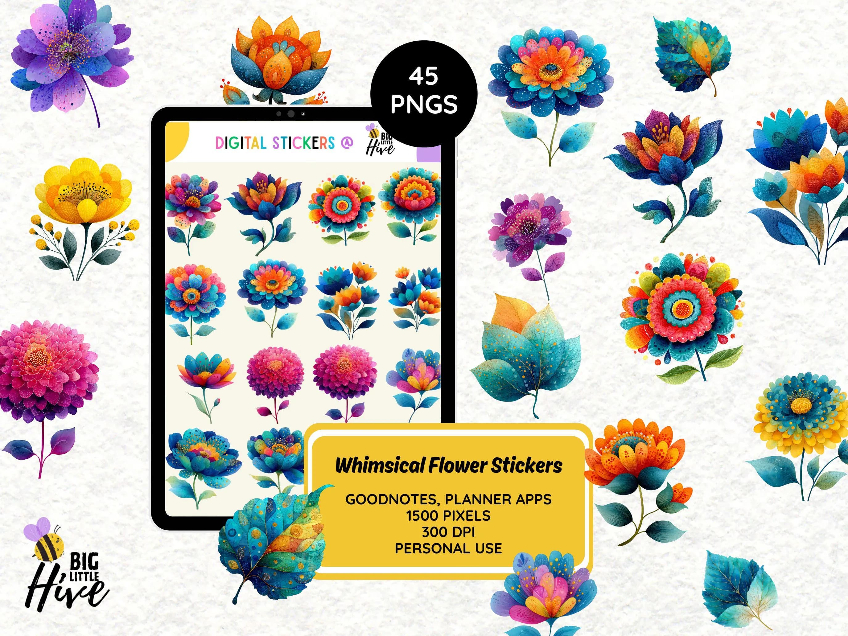 Vibrant Whimsical Flower Digital Stickers, Colorful Watercolor Floral PNG, Sweet Goodnotes Planner Decor, Cheerful Journal Scrapbook Clipart - image 2